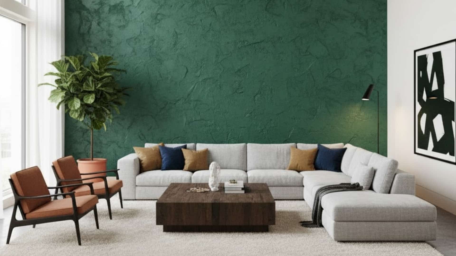 spacious living room with white sectional sofa and dark green heavy textured accent wall