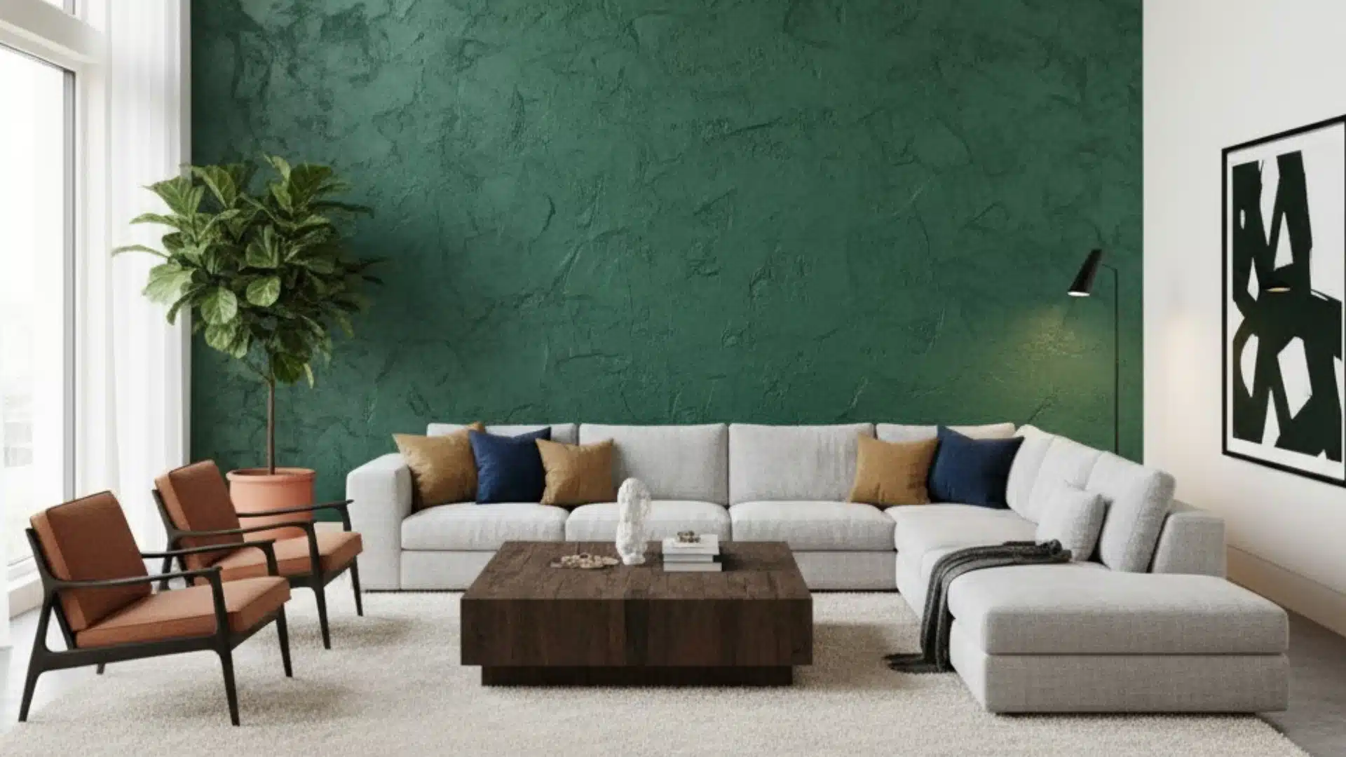spacious living room with white sectional sofa and dark green heavy textured accent wall