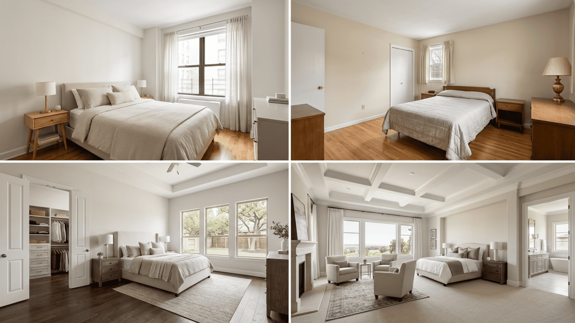 Four bedroom layouts showing apartment, older, modern, and luxury home types.