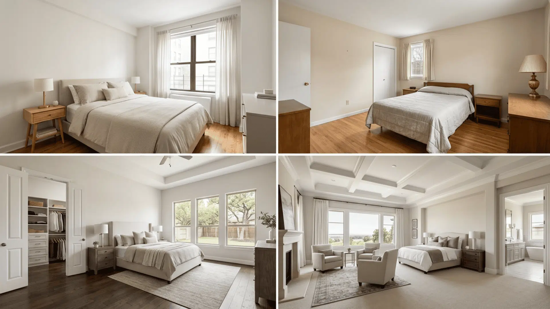Four bedroom layouts showing apartment, older, modern, and luxury home types.