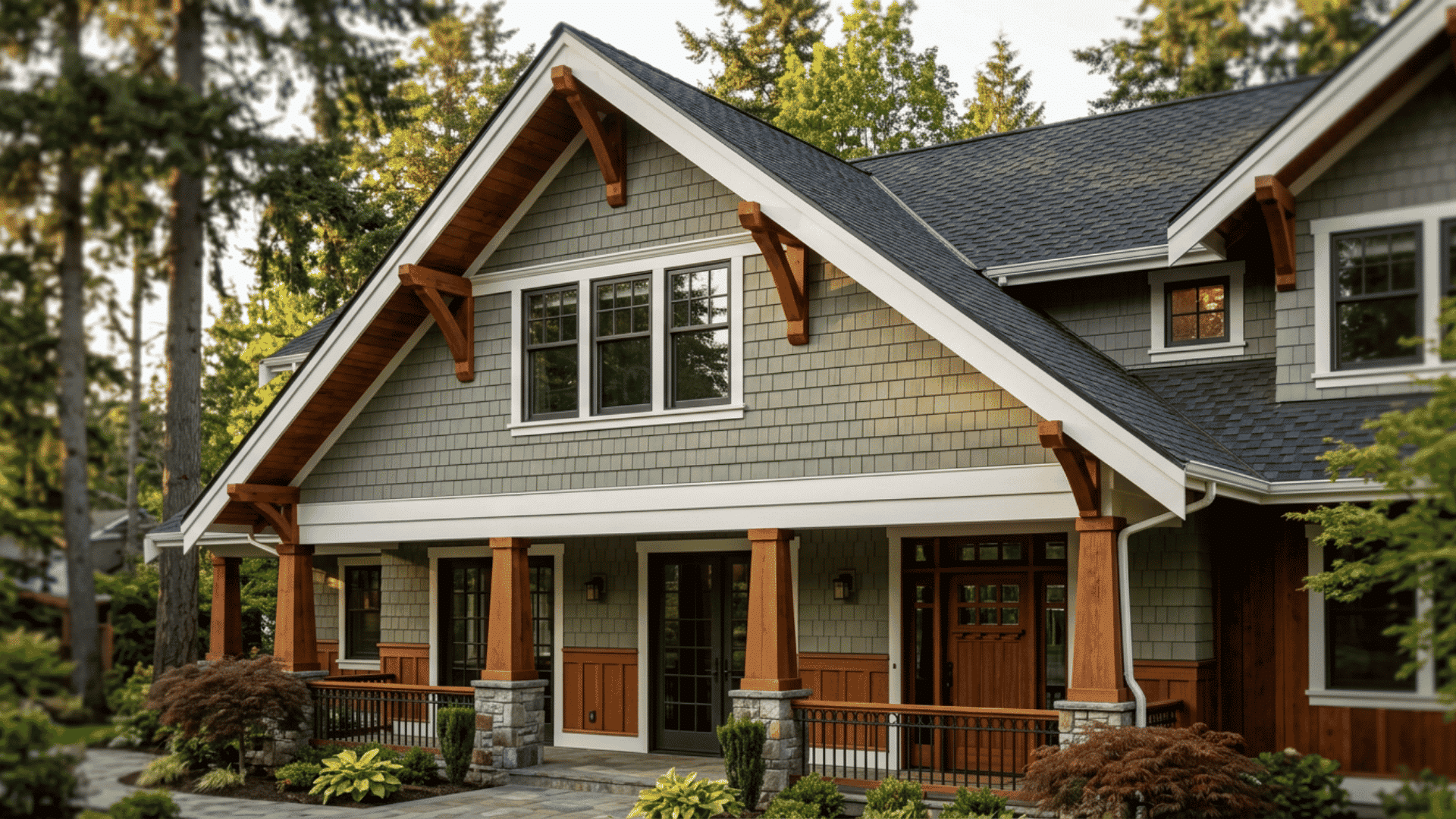 Craftsman house with wide roof eaves, exposed brackets, shingles, and gutters.