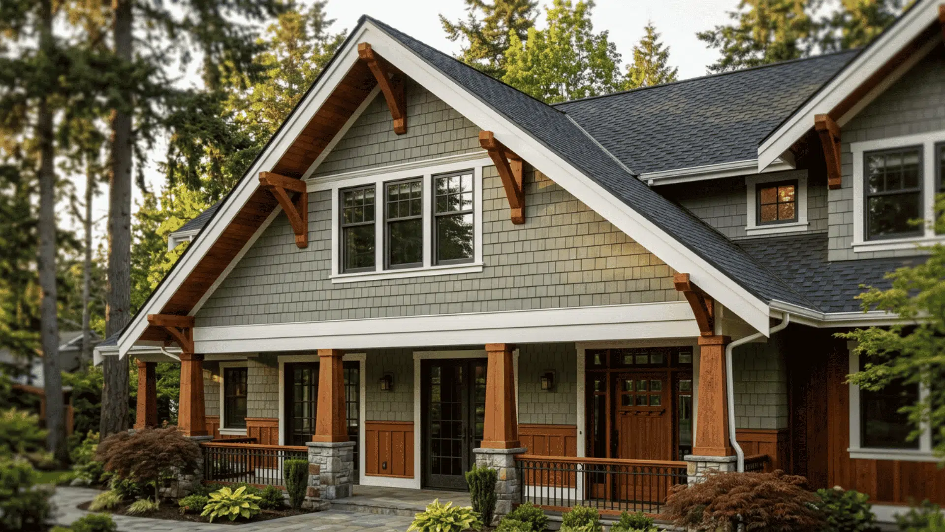 Craftsman house with wide roof eaves, exposed brackets, shingles, and gutters.