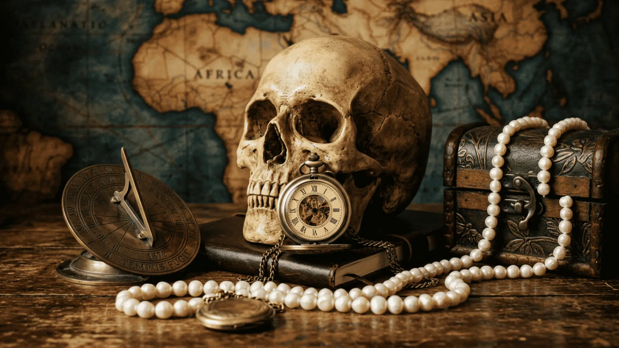 Vintage objects with skull, pocket watch, pearls, old map, sundial, and wooden chest