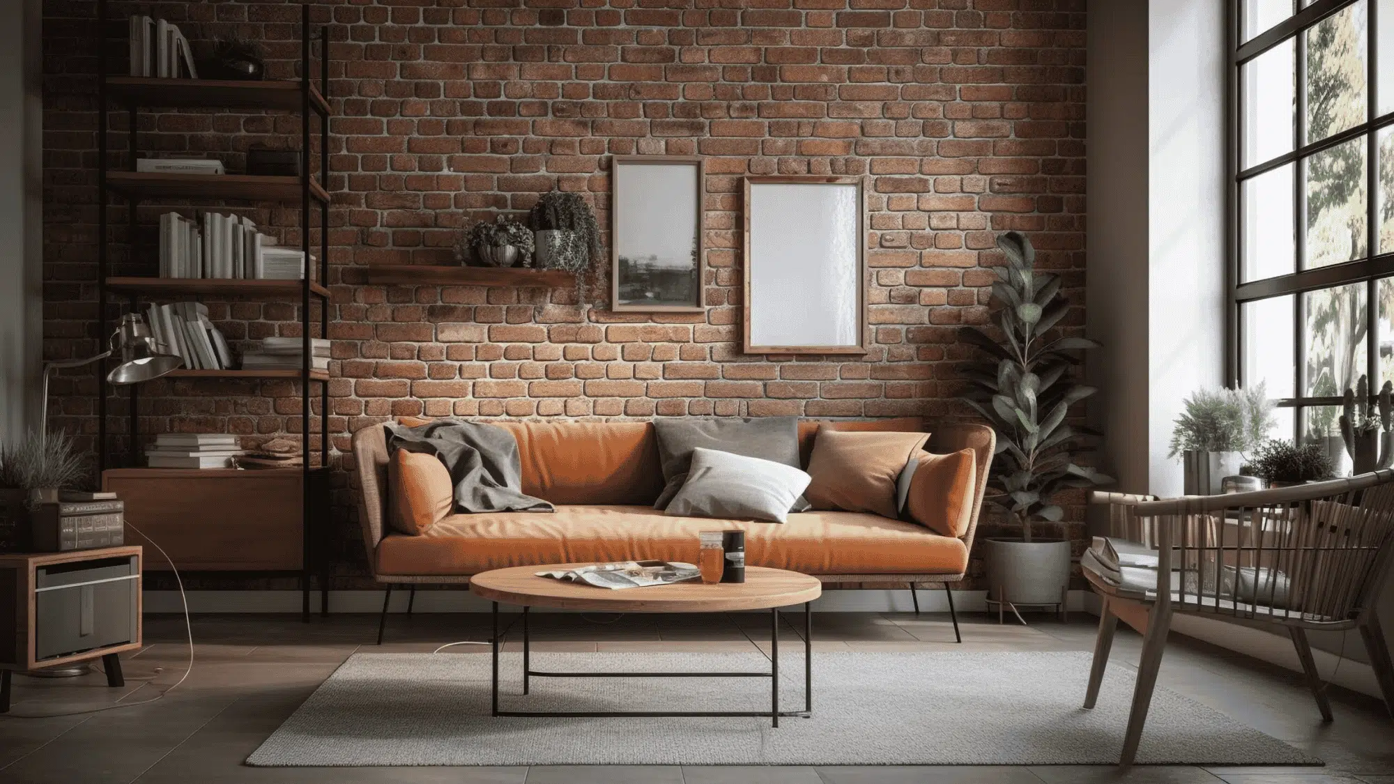 Industrial loft living room with exposed brick walls, leather sofas, Edison bulb lights, and city skyline at night