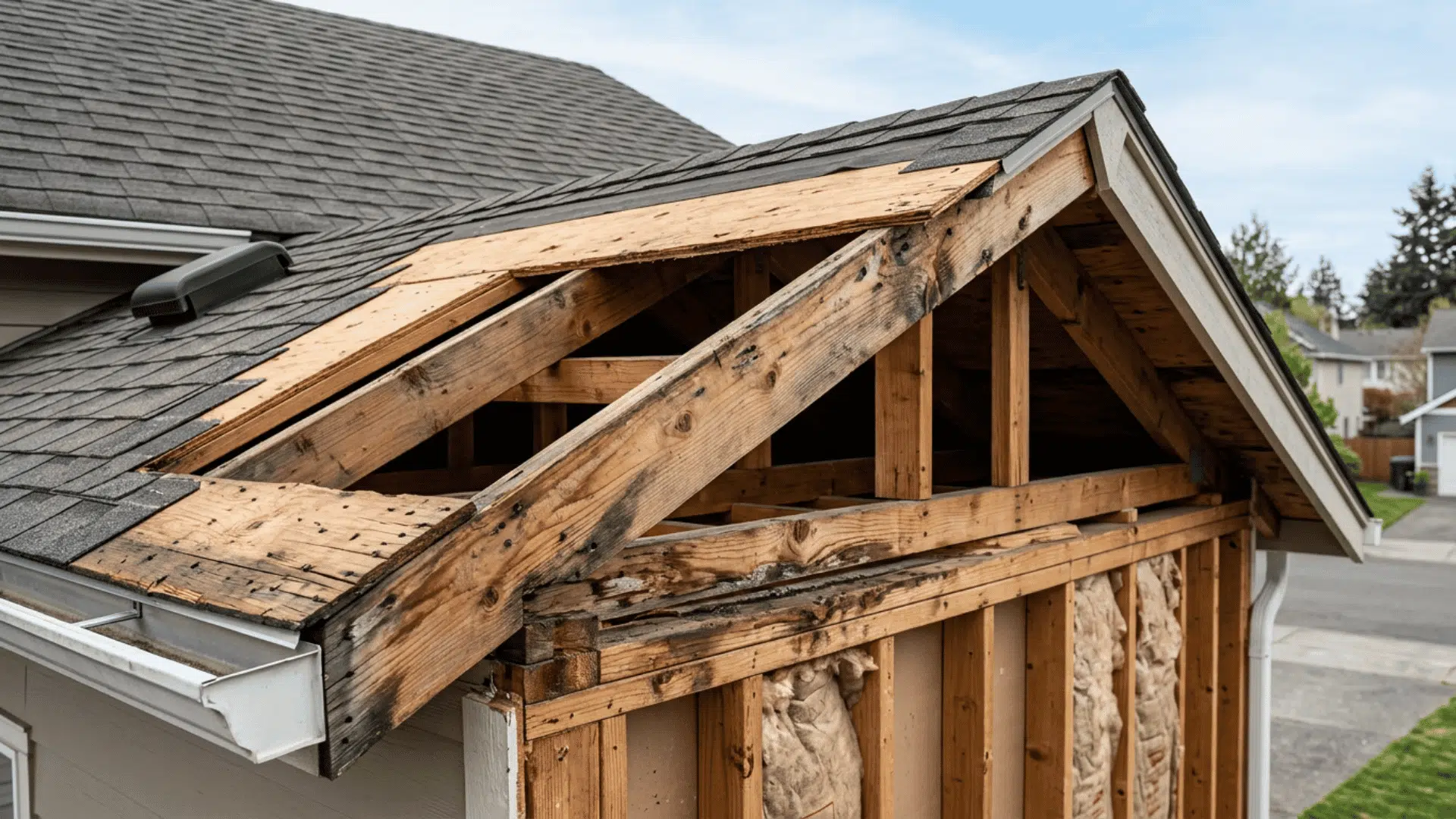 Exposed roof framing and sheathing inspected before adding new eaves.