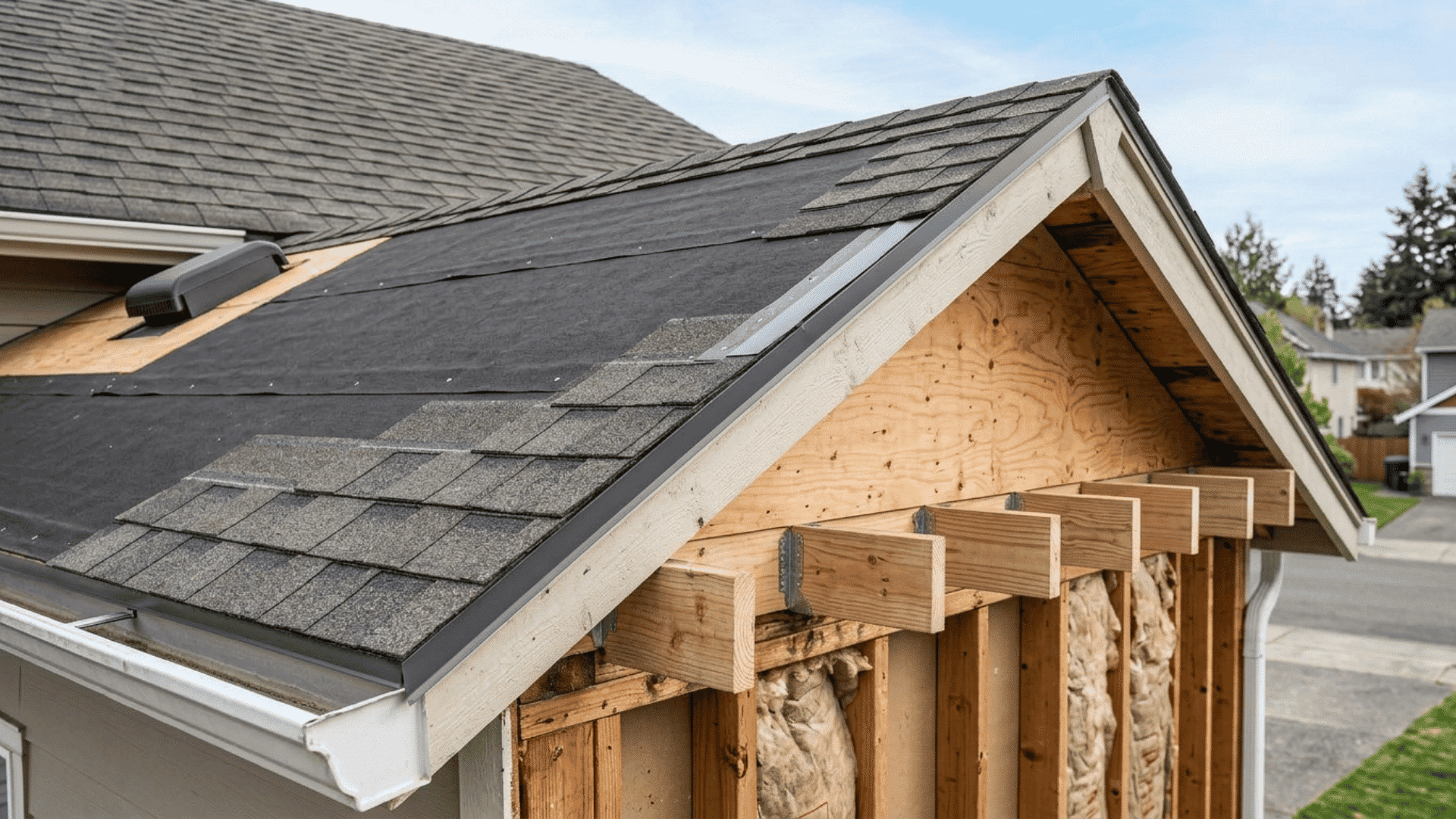 Roof sheathing, underlayment, flashing, and drip edge installed on new eaves.