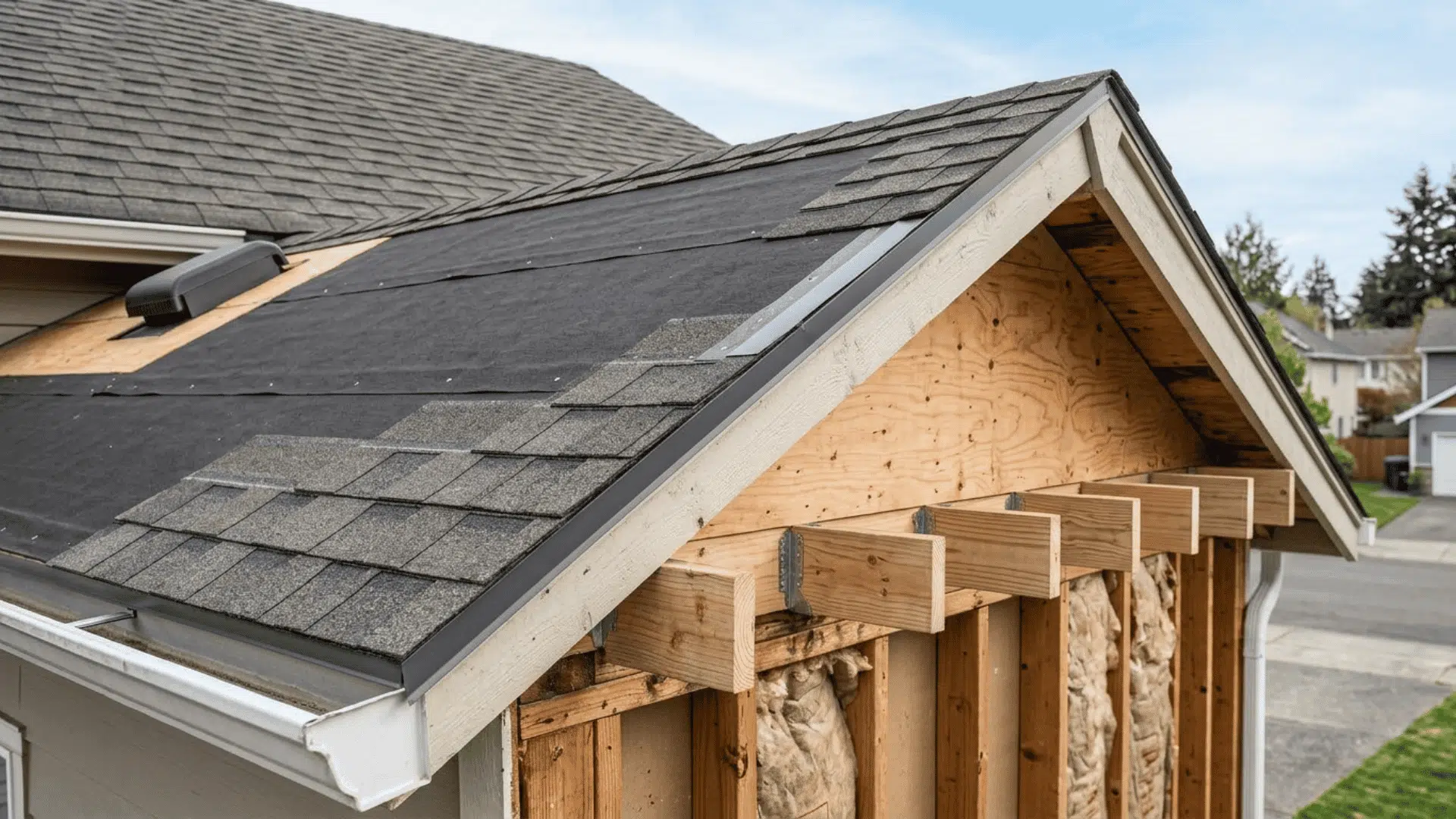 Roof sheathing, underlayment, flashing, and drip edge installed on new eaves.