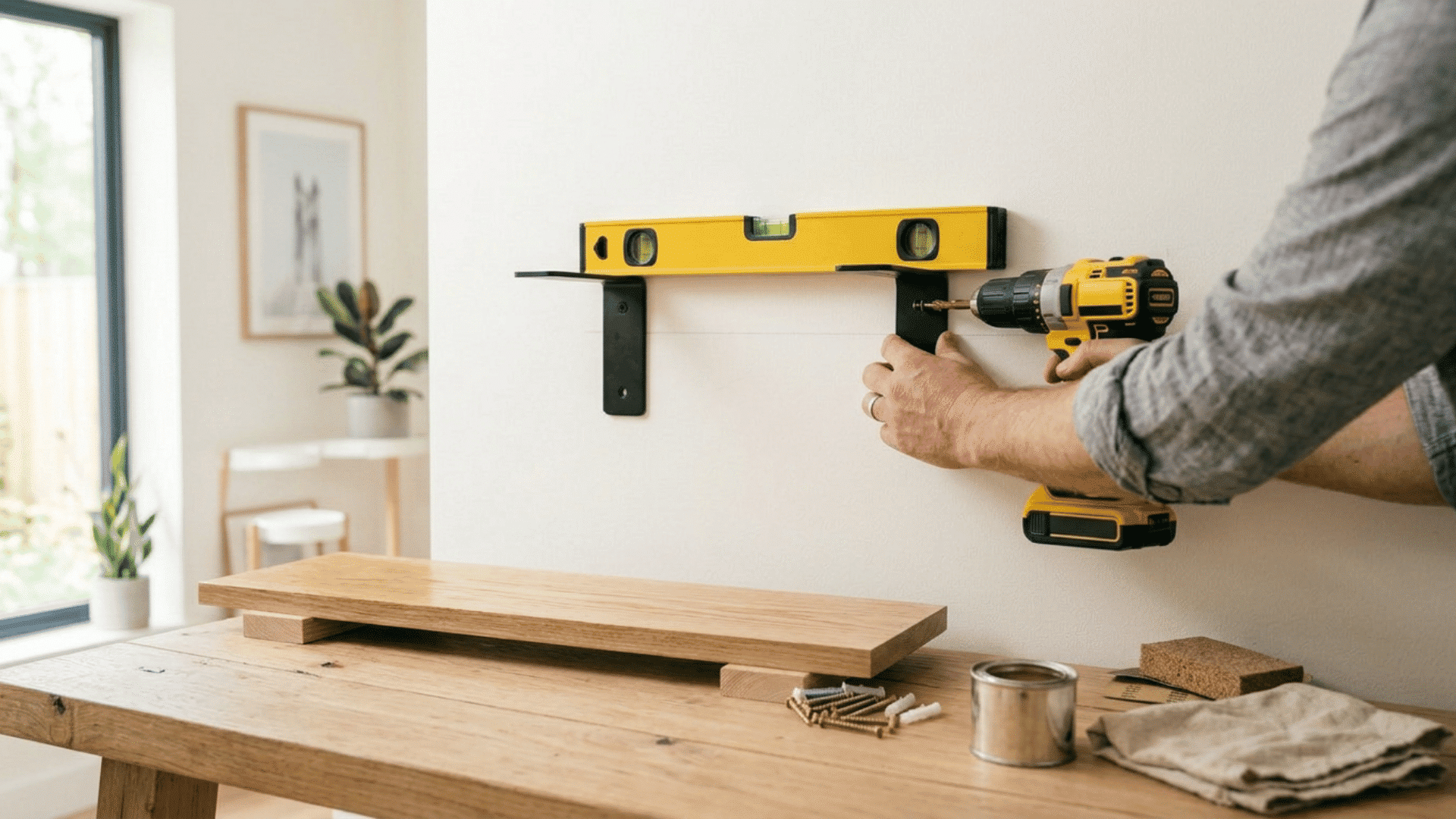 Hands drilling black shelf brackets into a white wall beneath a yellow level.