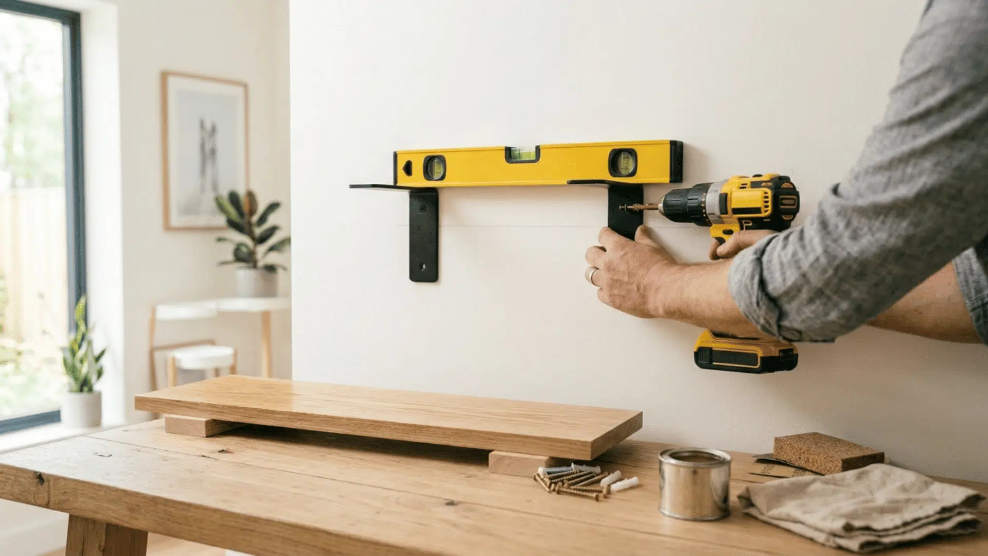 Hands drilling black shelf brackets into a white wall beneath a yellow level.