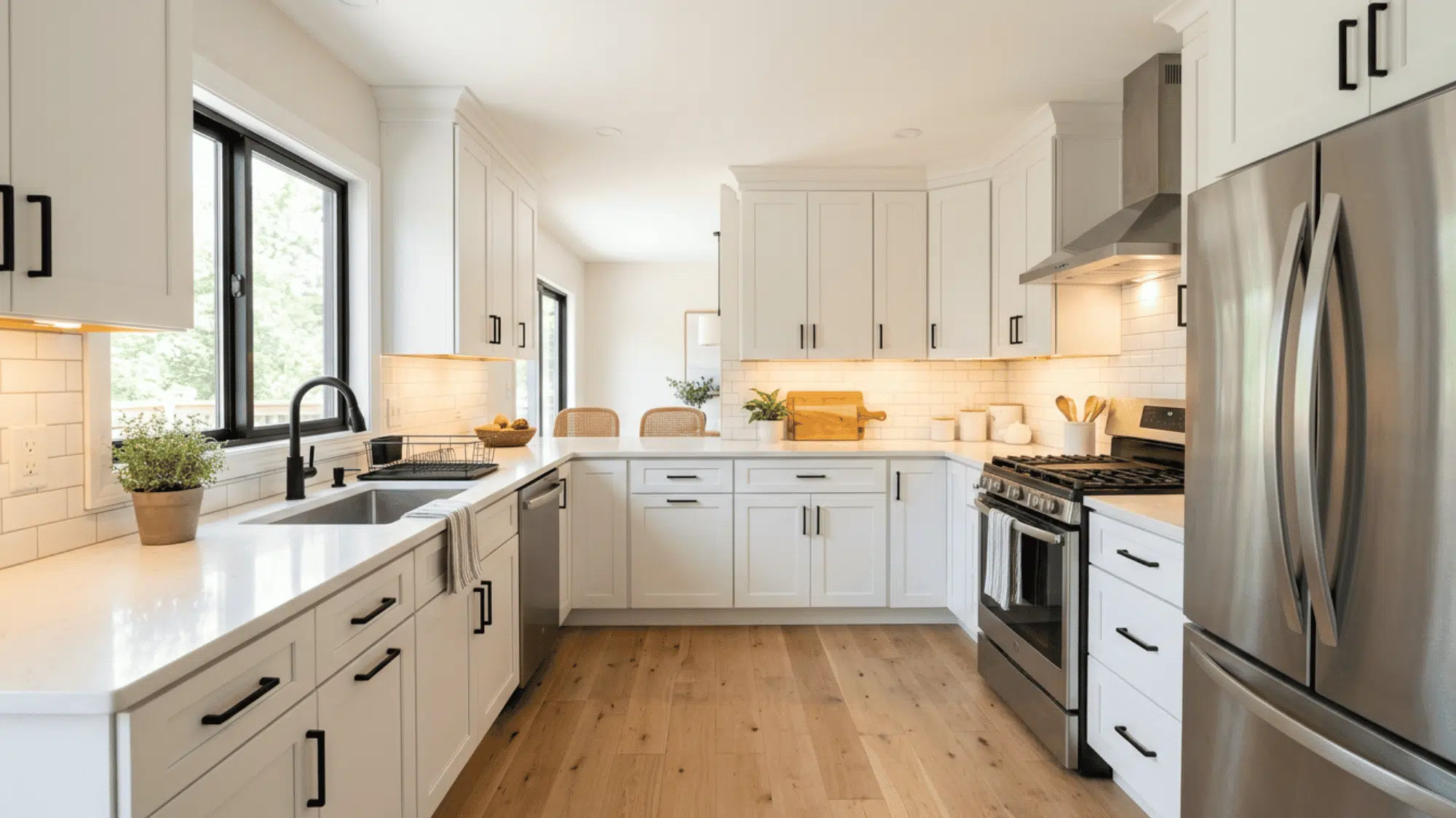 Updated white kitchen with matte black hardware, under-cabinet lights, and stainless appliances
