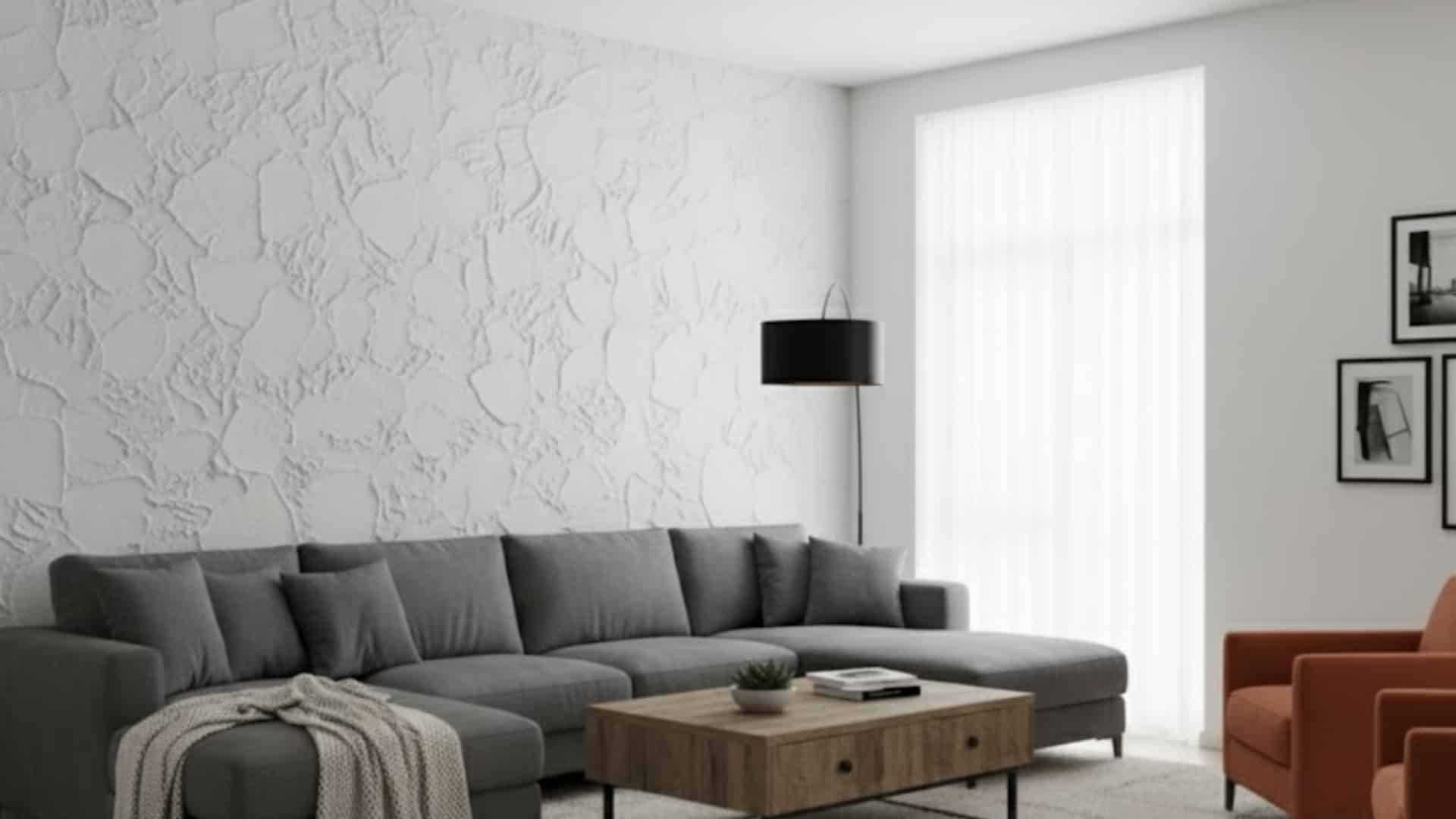 modern living room with gray sectional sofa and white knockdown textured accent wall