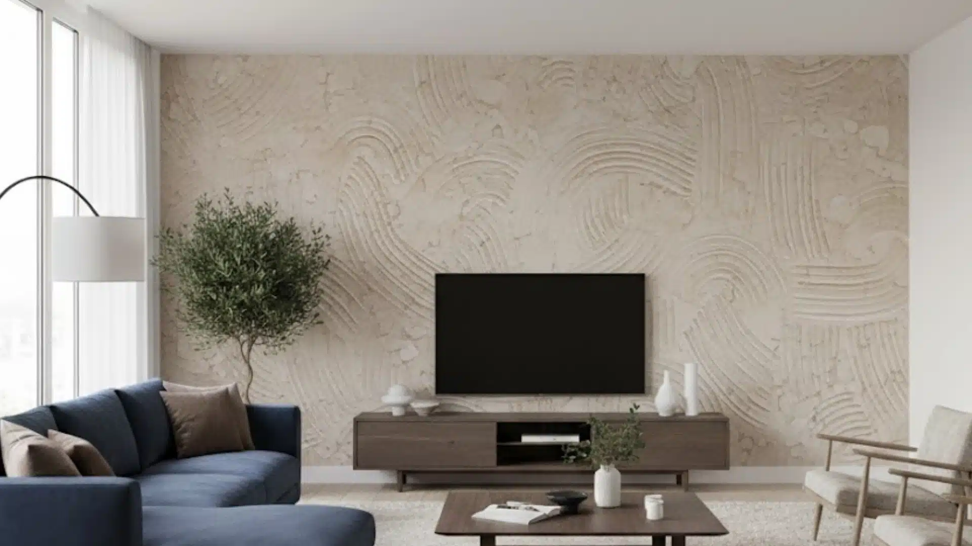 modern living room with navy sofa and cream knockdown swirl textured feature wall
