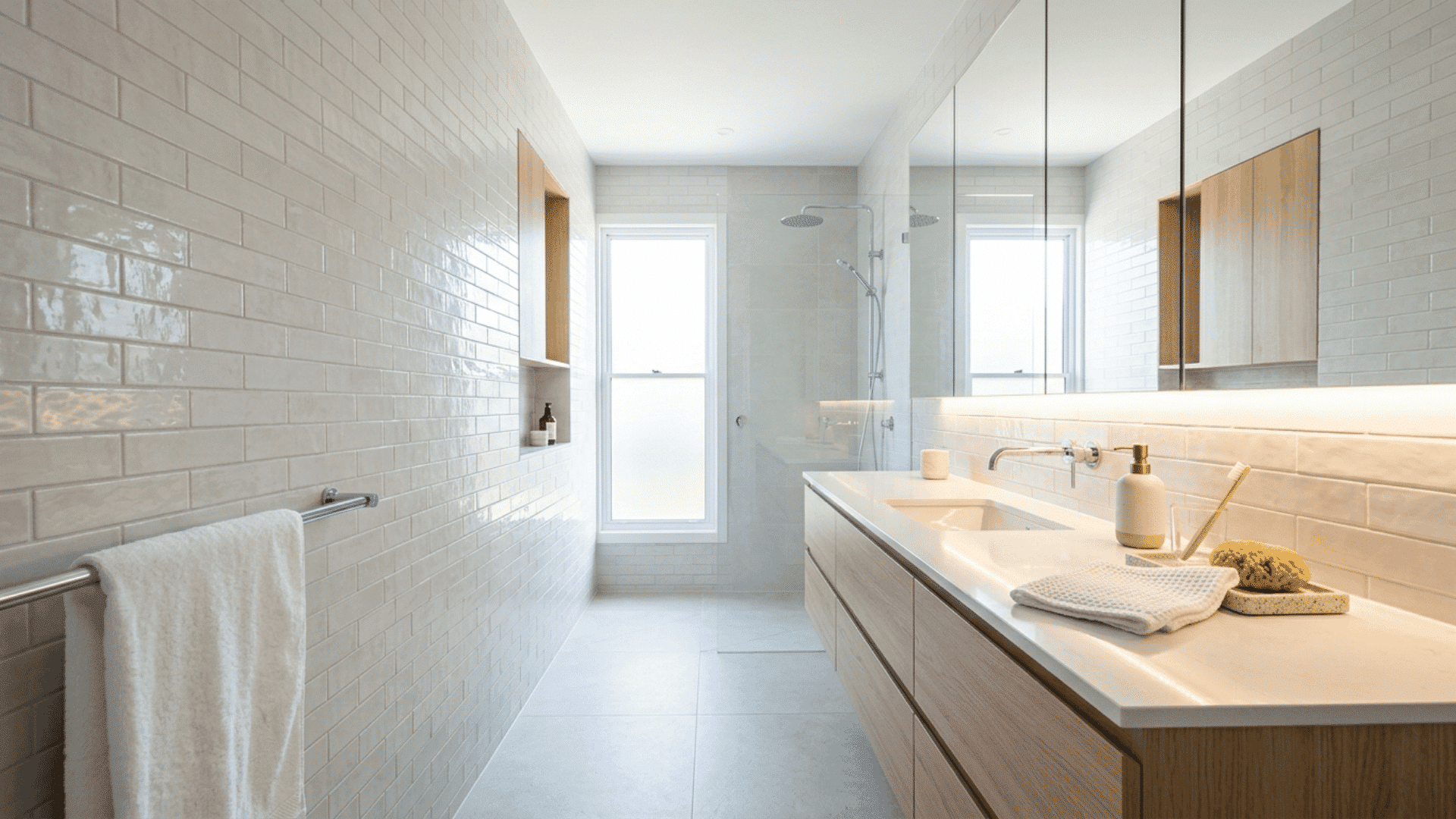 bright narrow bath with a large wall mirror, wood vanity, sink, and white tiles.