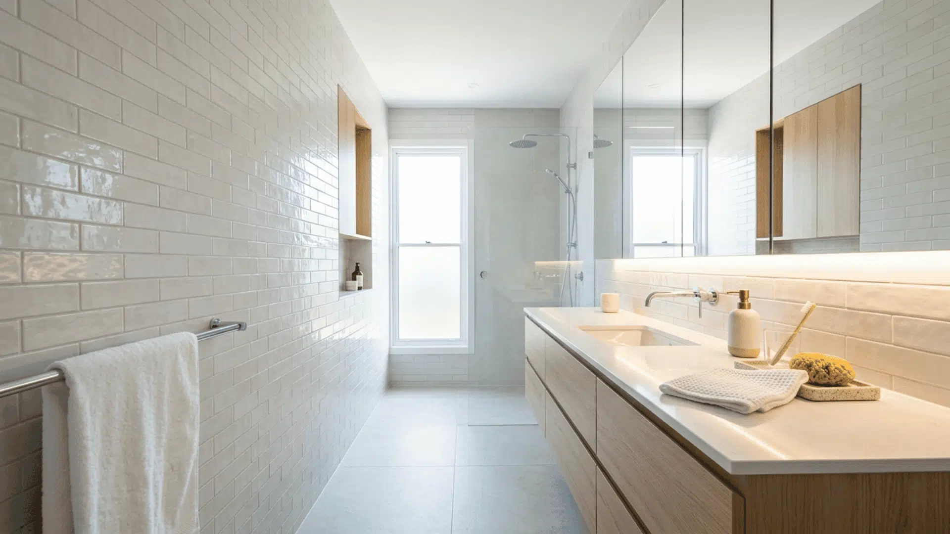 bright narrow bath with a large wall mirror, wood vanity, sink, and white tiles.