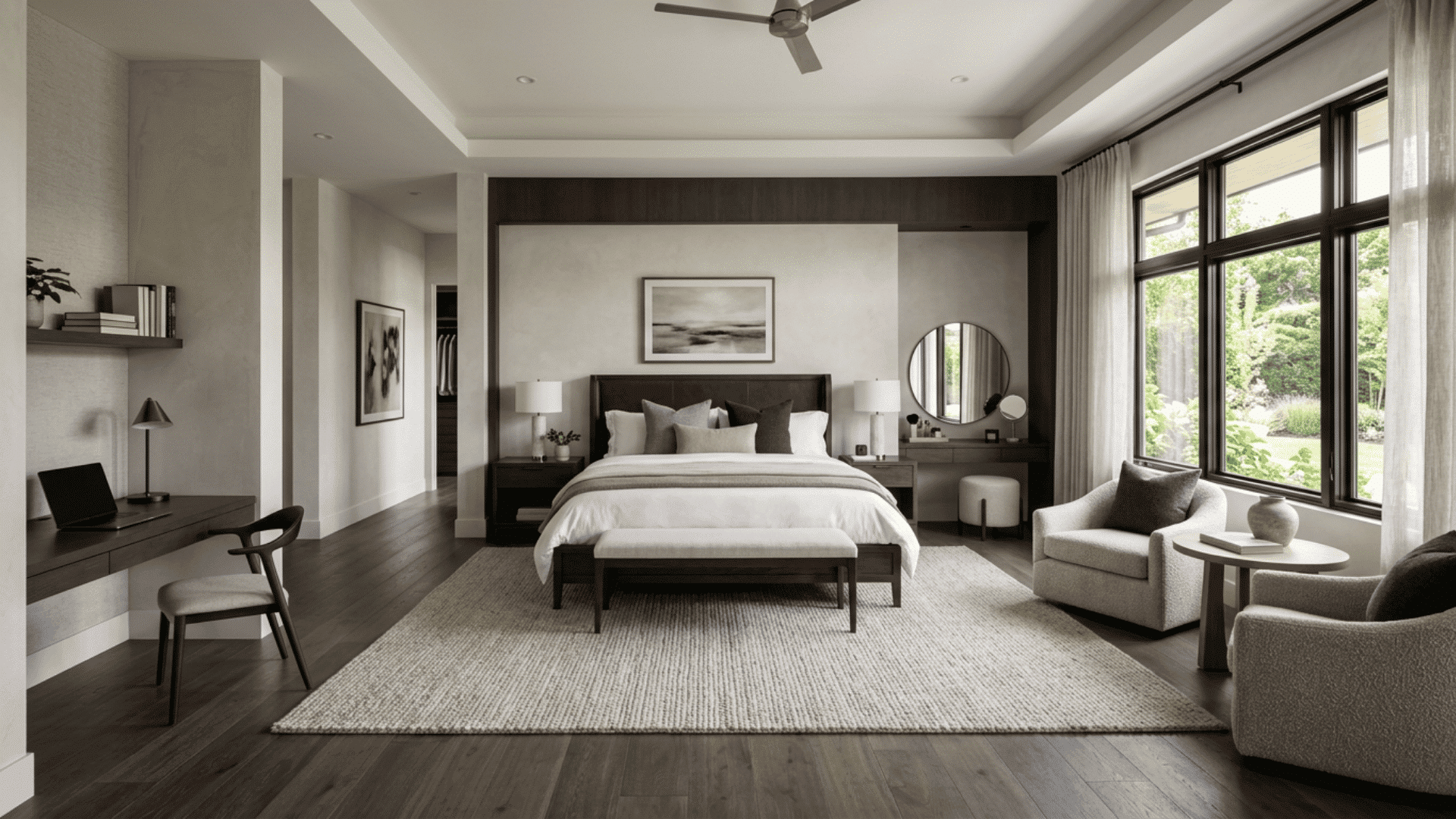 Large custom bedroom with king bed, work desk, vanity, and separate sitting area
