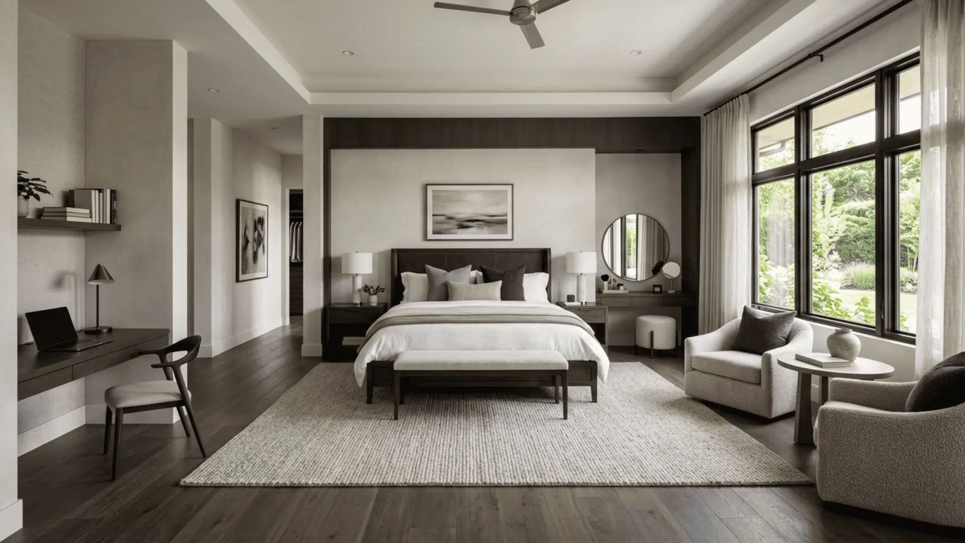Large custom bedroom with king bed, work desk, vanity, and separate sitting area