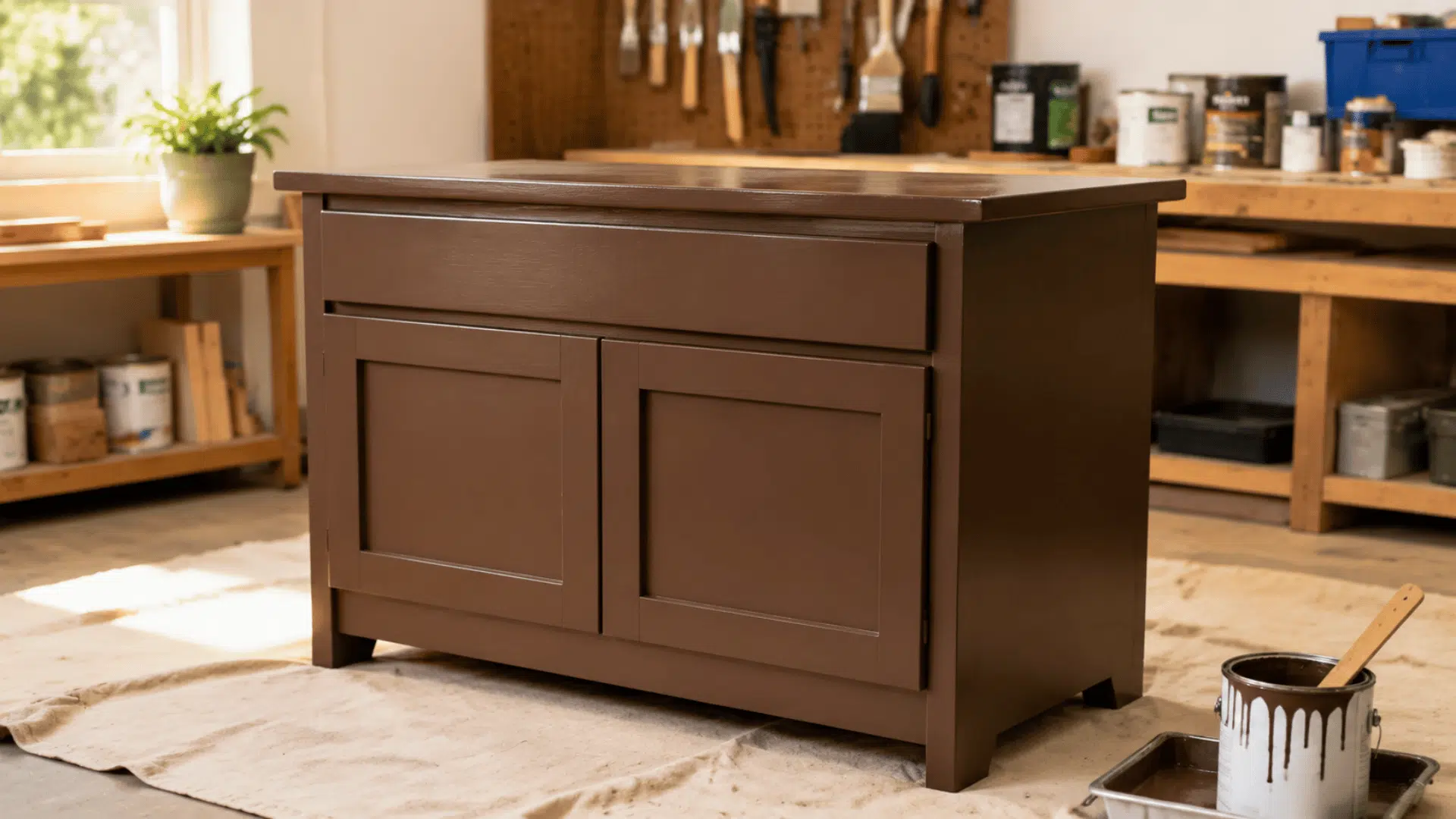 Freshly painted brown cabinet curing on a drop cloth in a workshop.