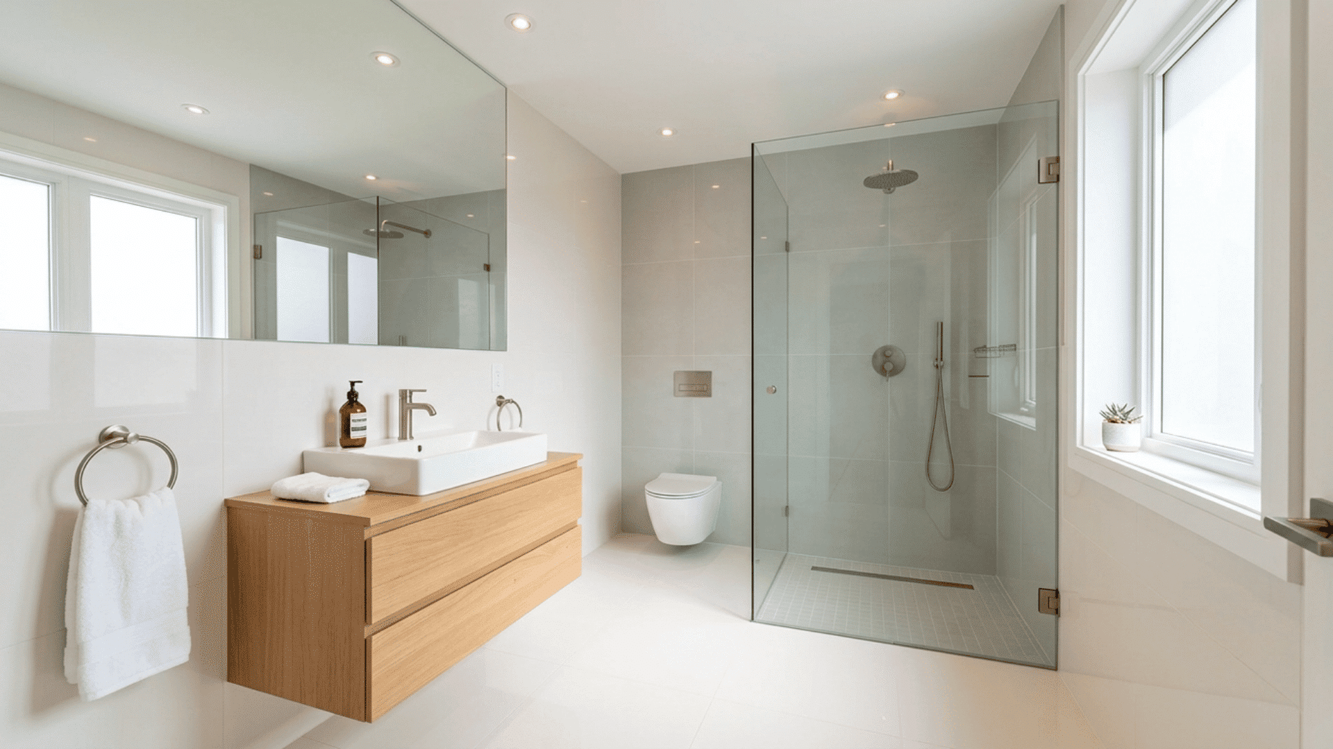 light-colored bathroom with wood vanity, glass shower, large mirror, and windows