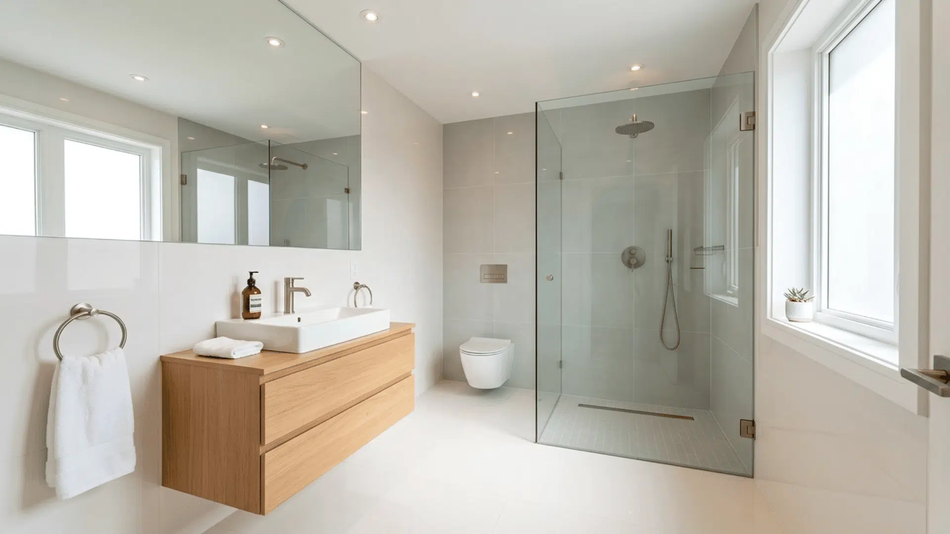 light-colored bathroom with wood vanity, glass shower, large mirror, and windows