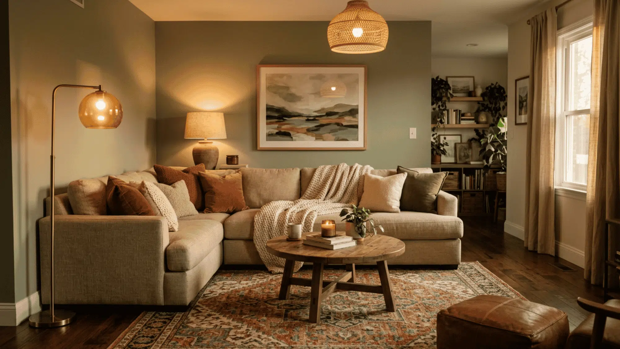 Warm living room with layered lighting, large wall art, textured pillows, and patterned rug