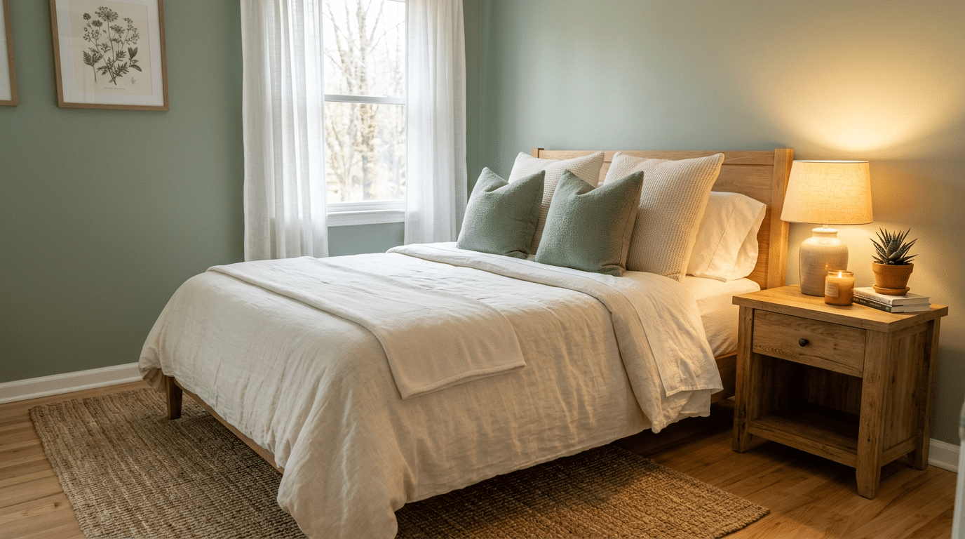 Cozy bedroom with neutral bedding, wooden furniture, soft lighting, green accents, and minimalist decor.