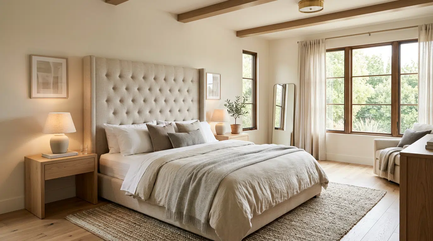 Bedroom with an oversized headboard creating emphasis through scale and size.