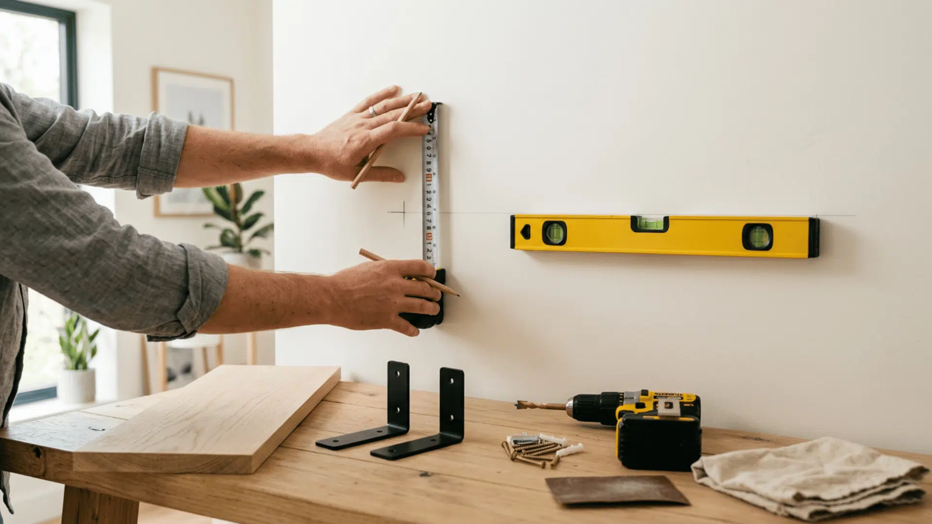 Hands measuring and marking a white wall for shelf brackets with a level nearby.