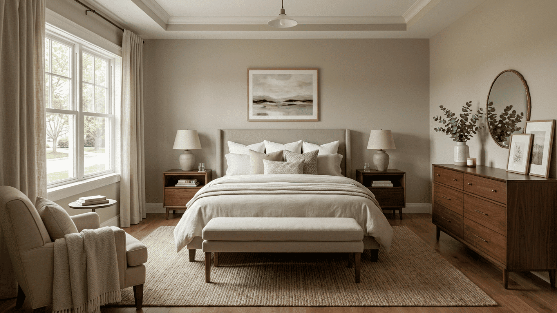 Standard-size primary bedroom with a king bed, bench, dresser, and reading chair