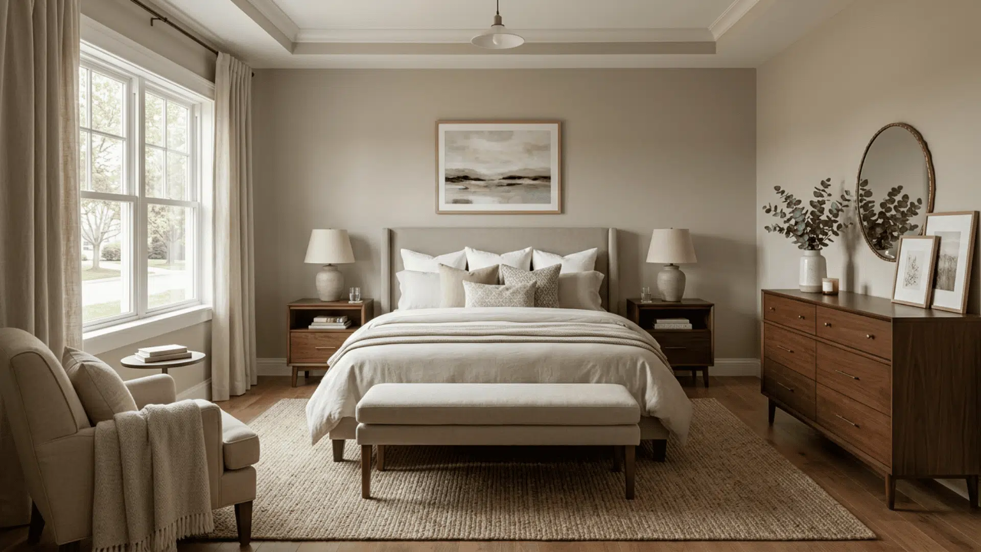 Standard-size primary bedroom with a king bed, bench, dresser, and reading chair