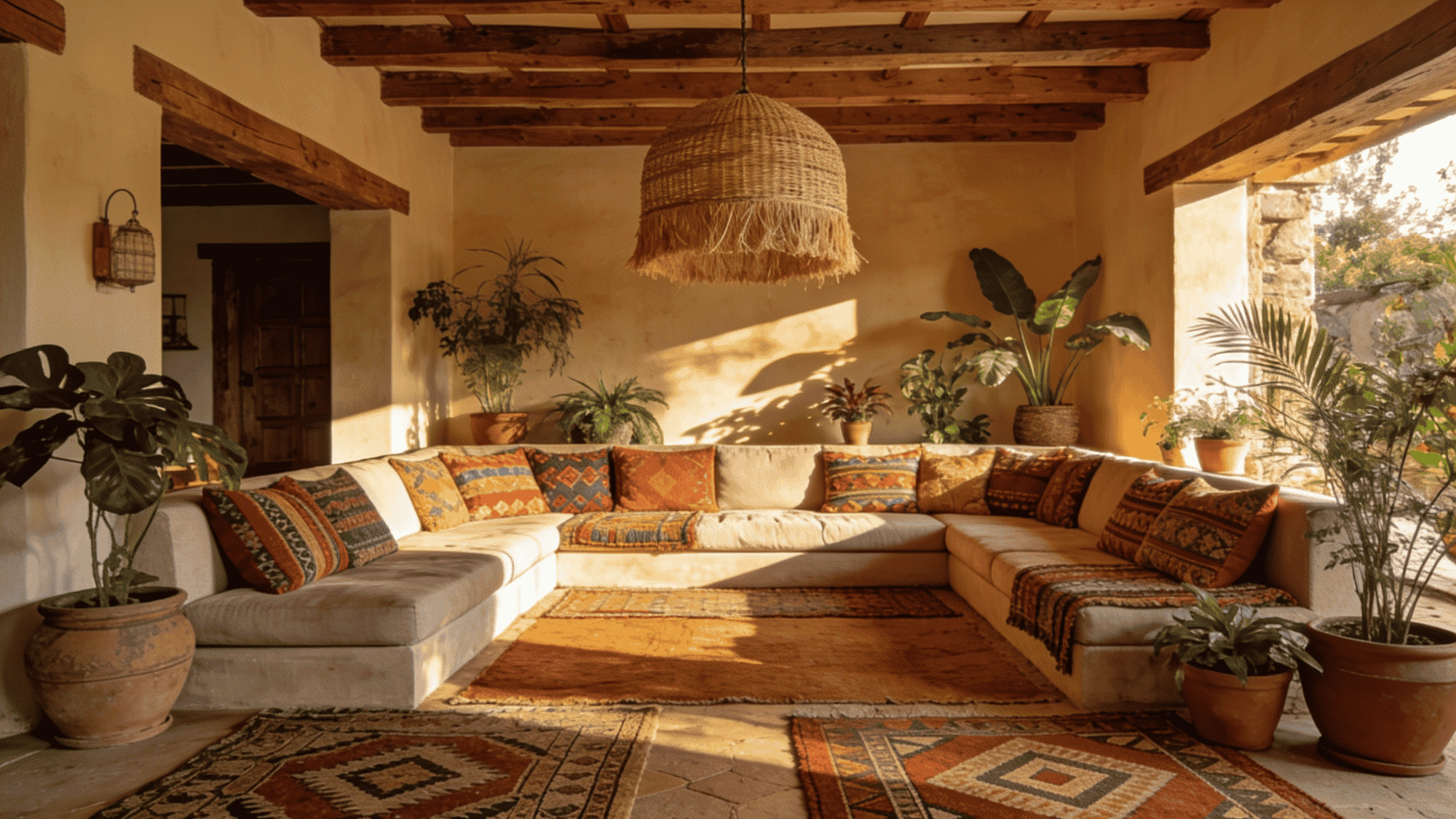 Boho-style living room with woven pendant light, earthy cushions, indoor plants, wooden beams, and rugs.