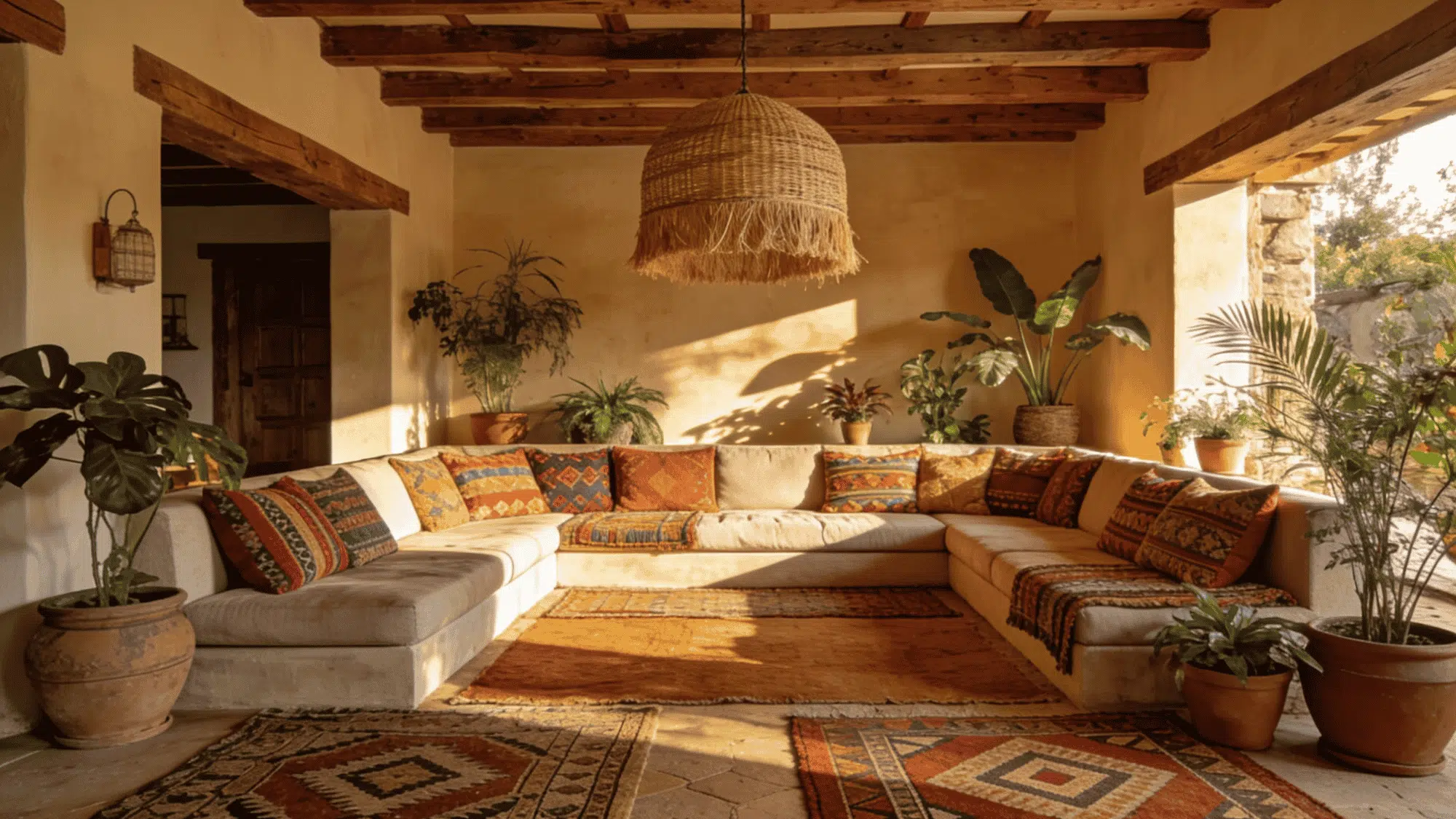Boho-style living room with woven pendant light, earthy cushions, indoor plants, wooden beams, and rugs.