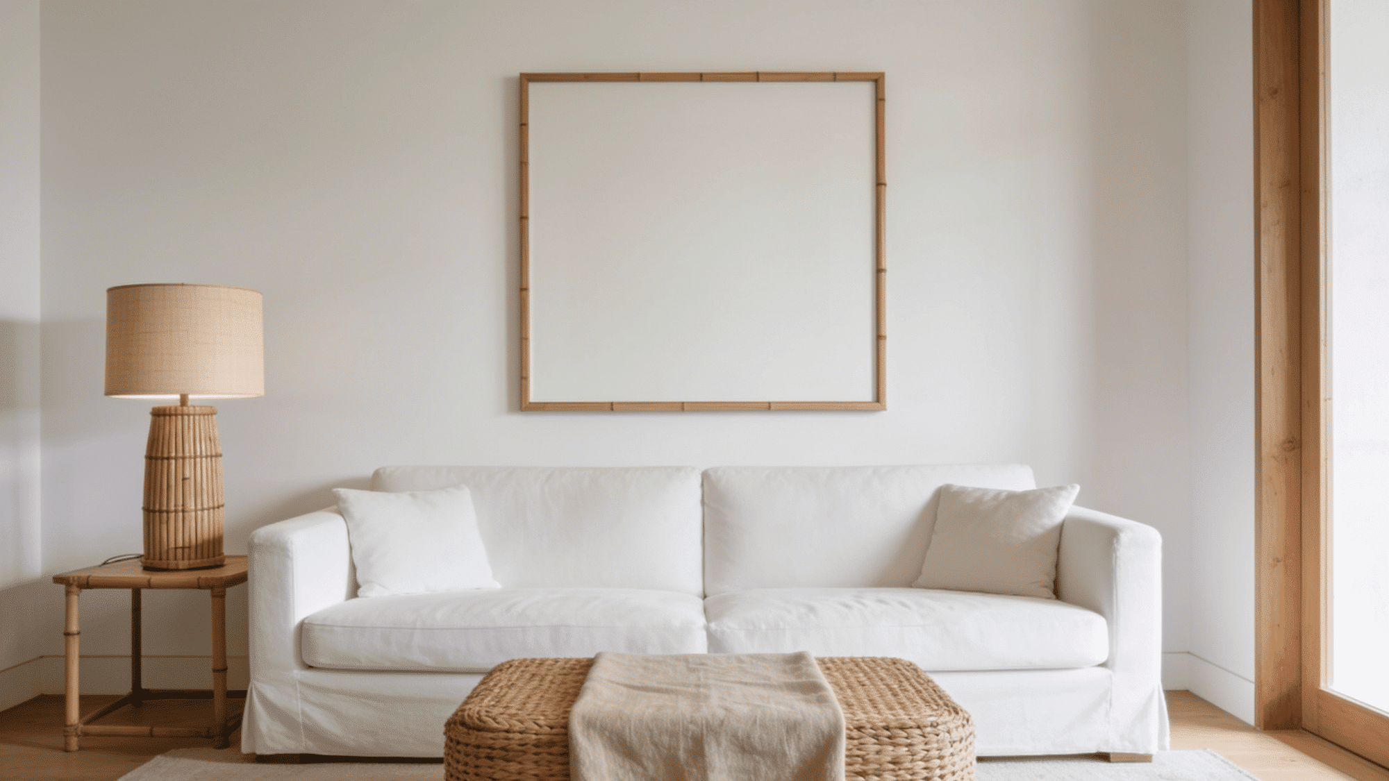 Minimalist living room with a white sofa, bamboo lamp, woven table, and neutral decor in a bright space.