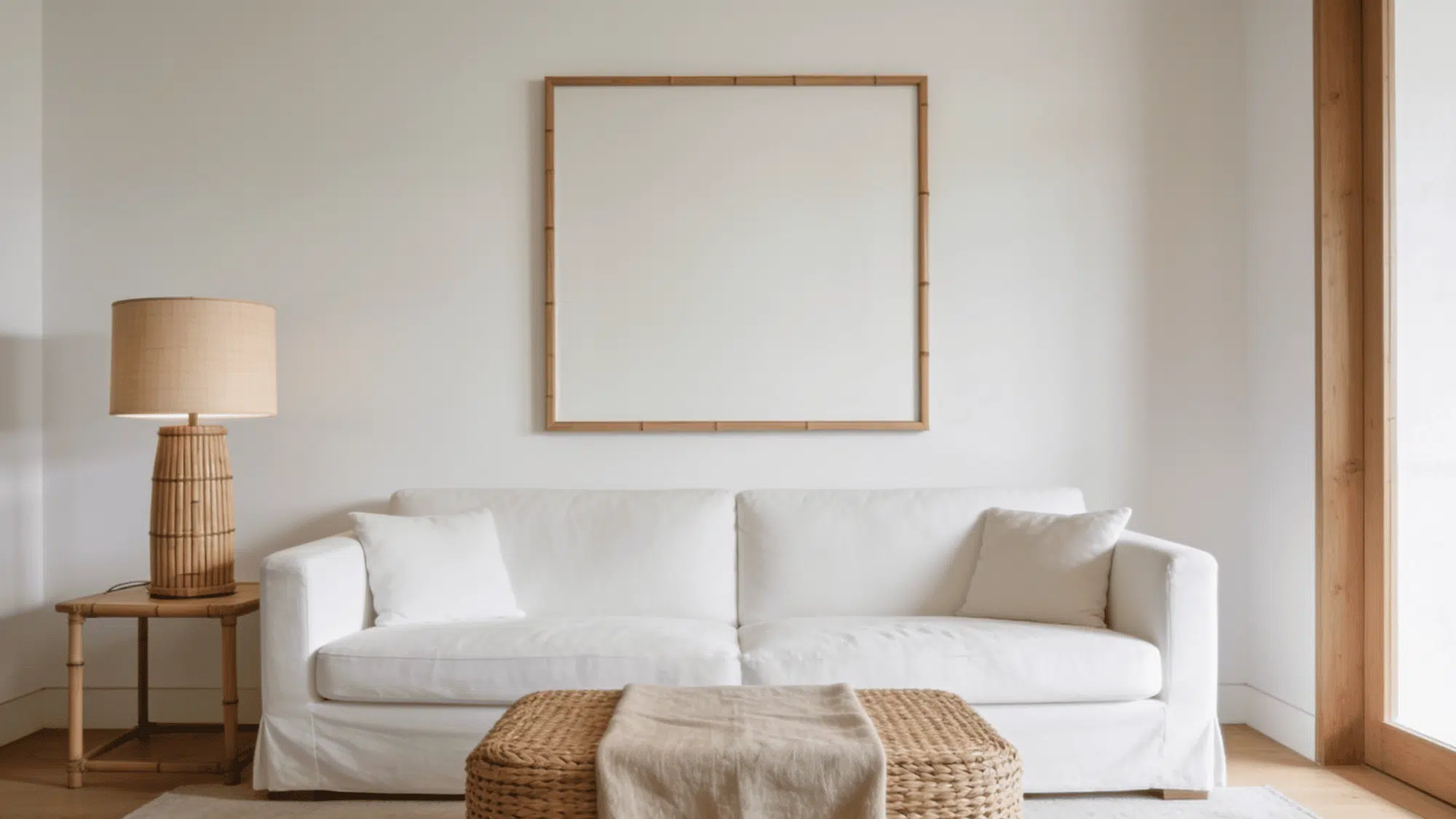 Minimalist living room with a white sofa, bamboo lamp, woven table, and neutral decor in a bright space.