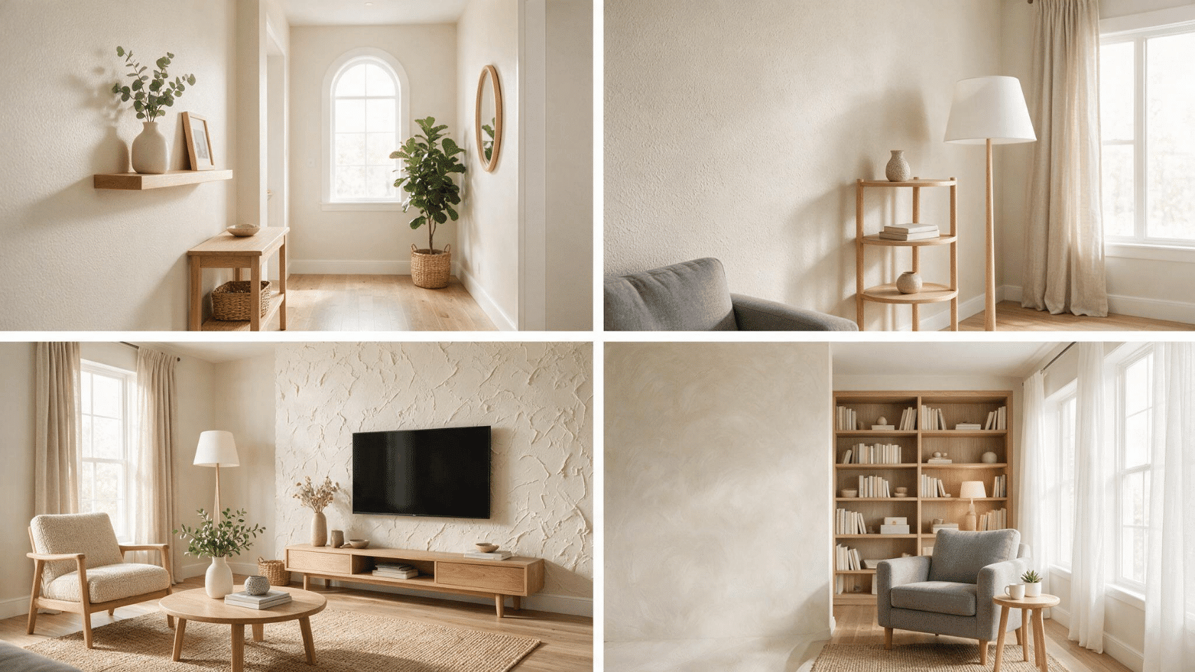 collage of four bright modern interiors featuring smooth, orange peel, knockdown, and soft textured drywall walls