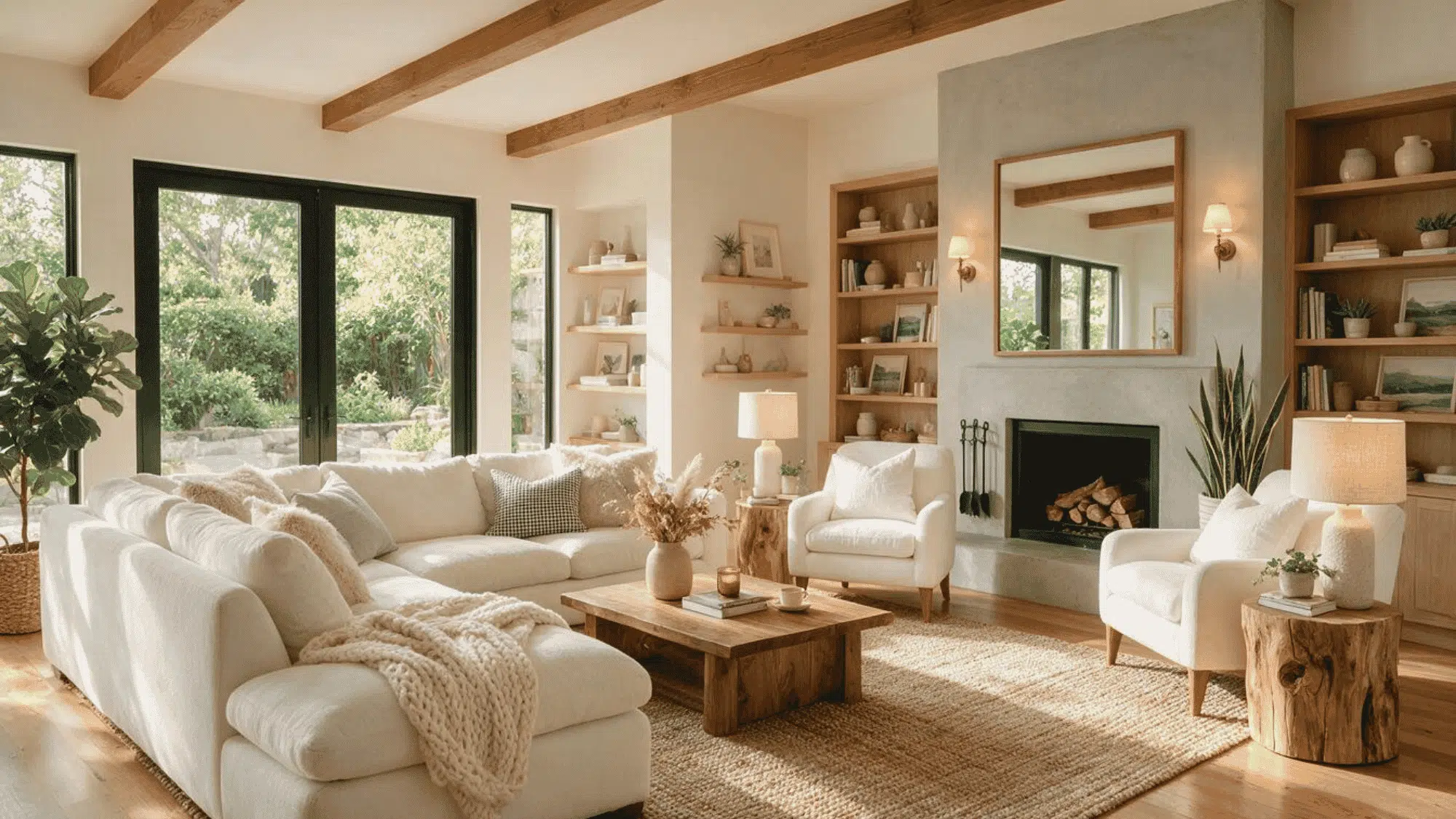 modern farmhouse living room with white seating, exposed wood beams, fireplace, built-in shelves, and large glass patio doors
