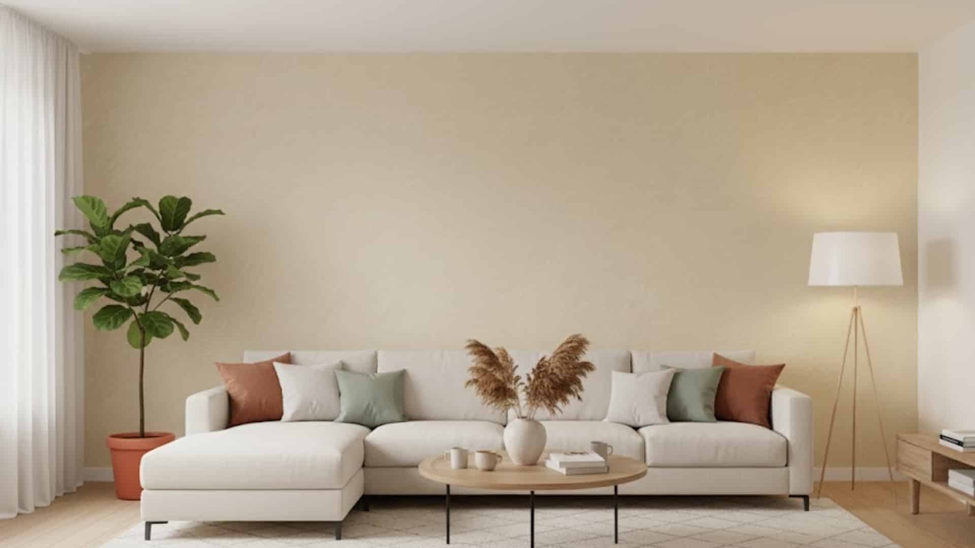 bright living room with cream sectional and pale orange peel textured accent wall