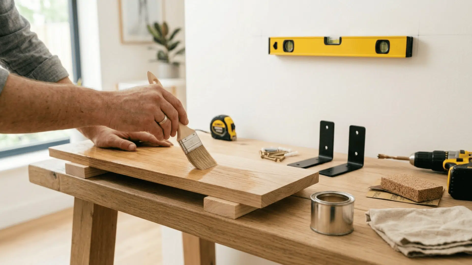 Hands applying wood stain to a shelf board on a workbench with tools nearby.