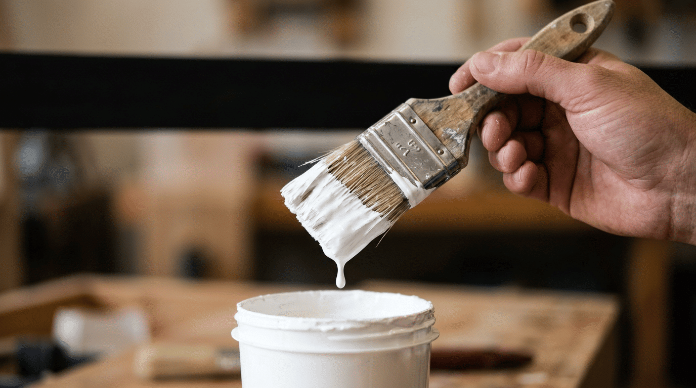 wooden paintbrush dripping white paint over a bucket on a wood workbench