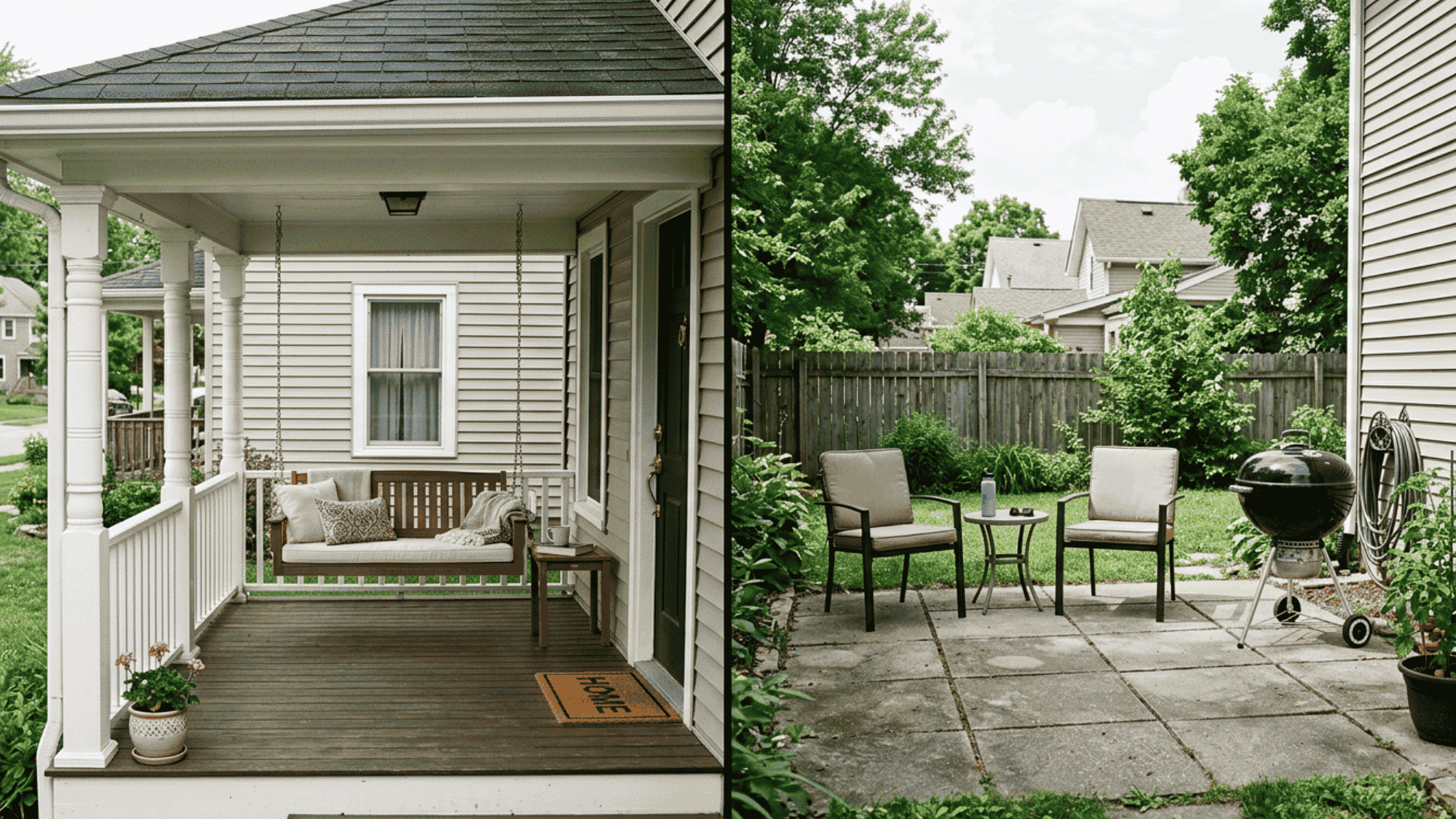 Front porch with swing and roof next to a backyard patio with chairs and grill