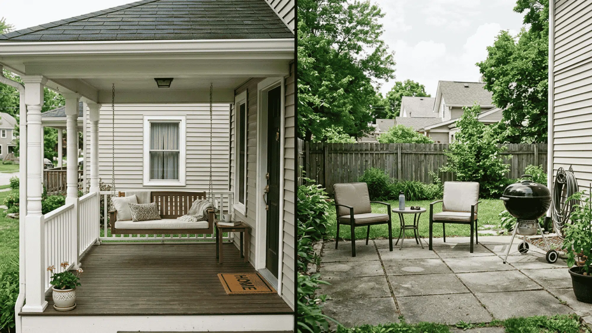 Front porch with swing and roof next to a backyard patio with chairs and grill
