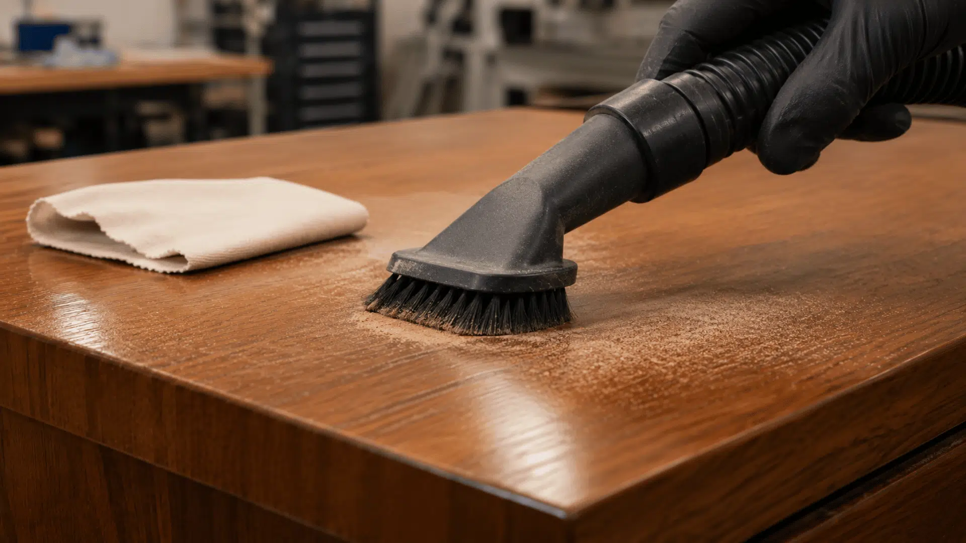 Vacuum brush removing sanding dust from a wood cabinet surface