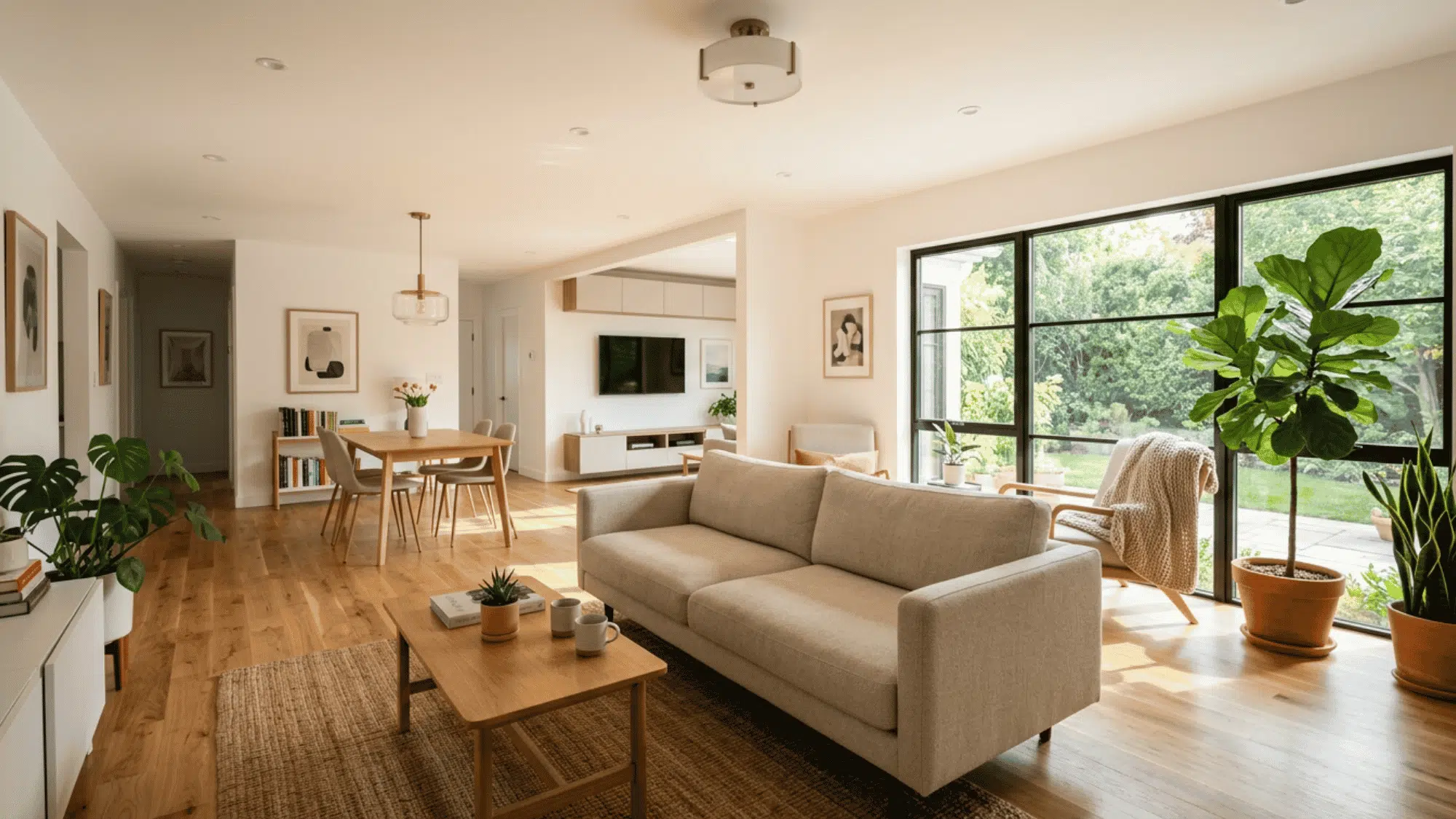 Bright open-plan living area with hardwood floors, neutral sofa, plants, and natural light