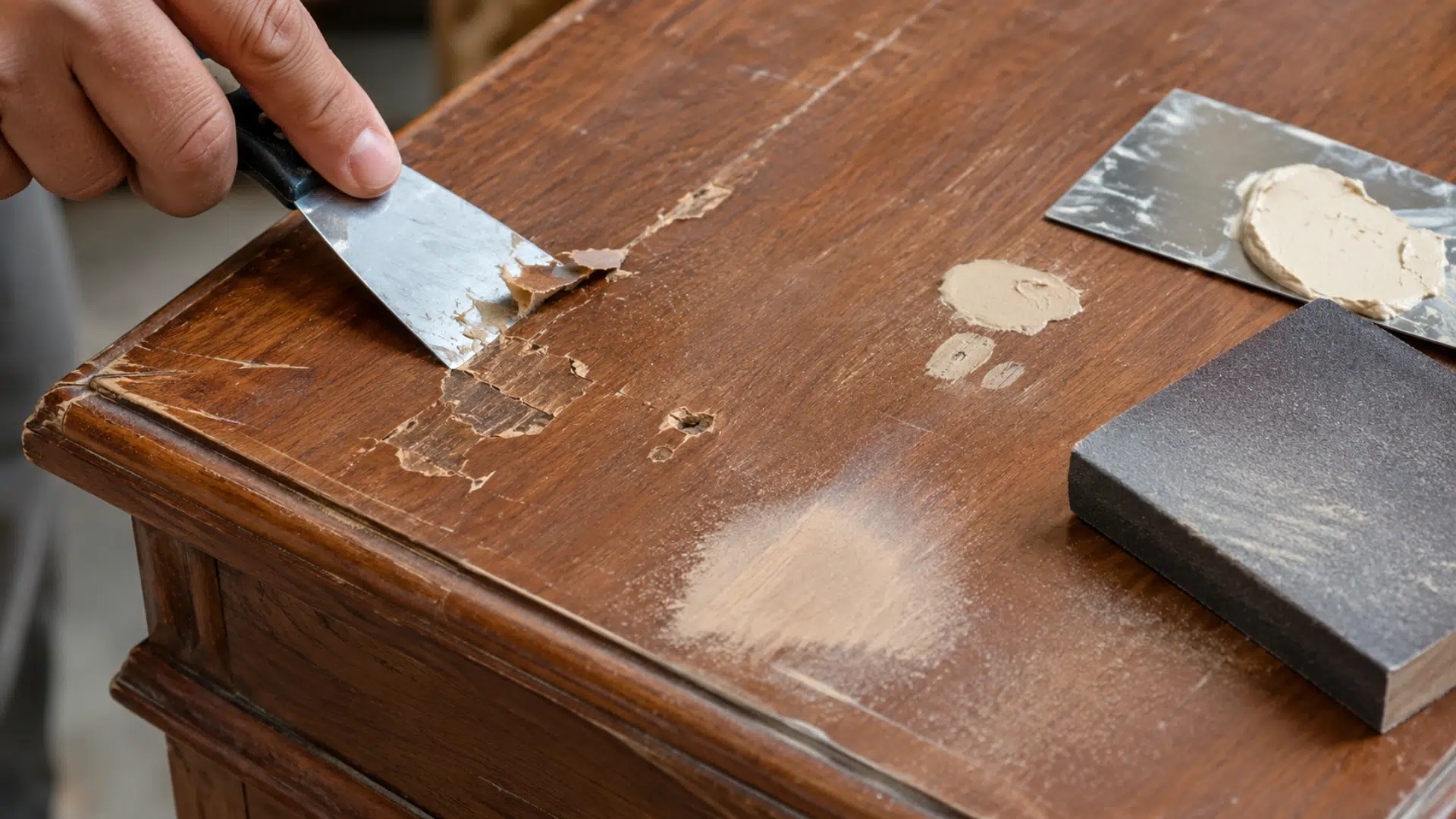Hand scraping damaged wood beside filler and sanding tools during furniture repair.