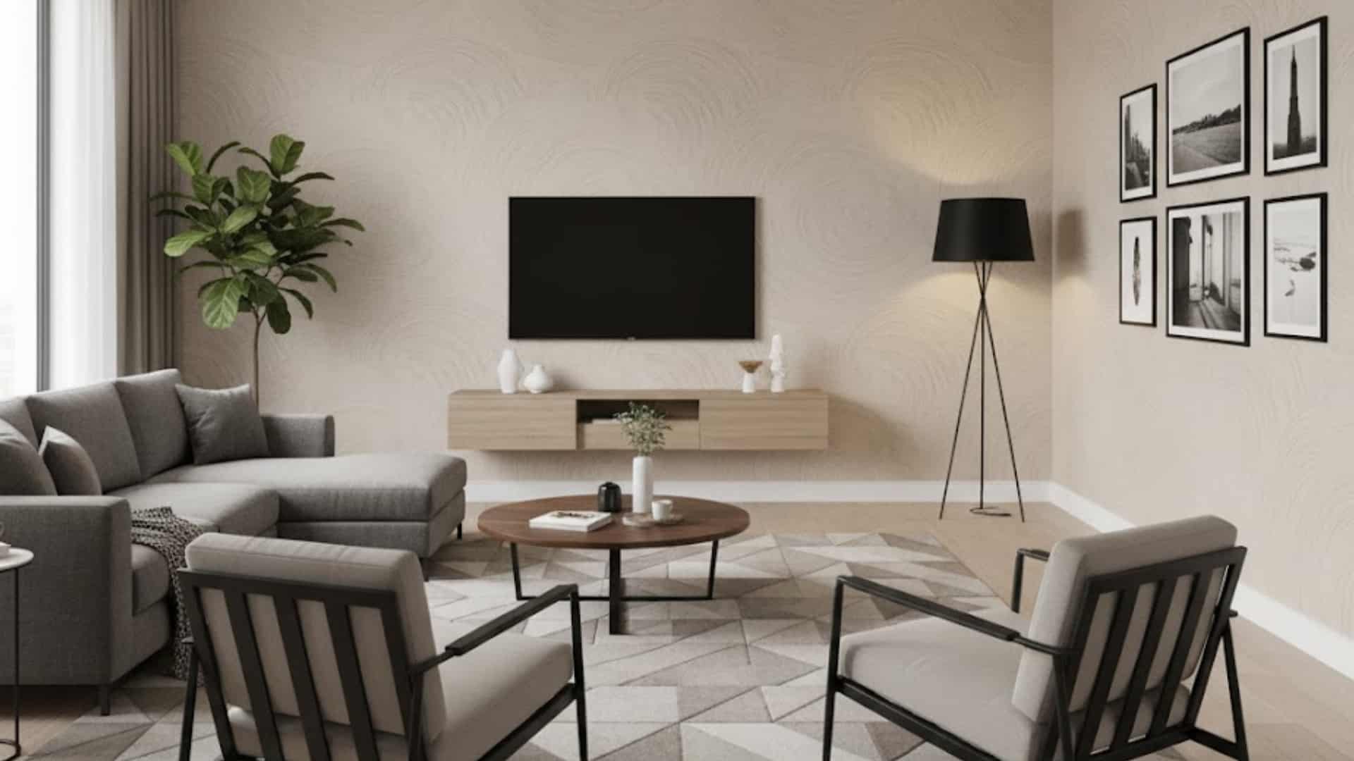modern living room with gray seating and beige sand swirl textured walls