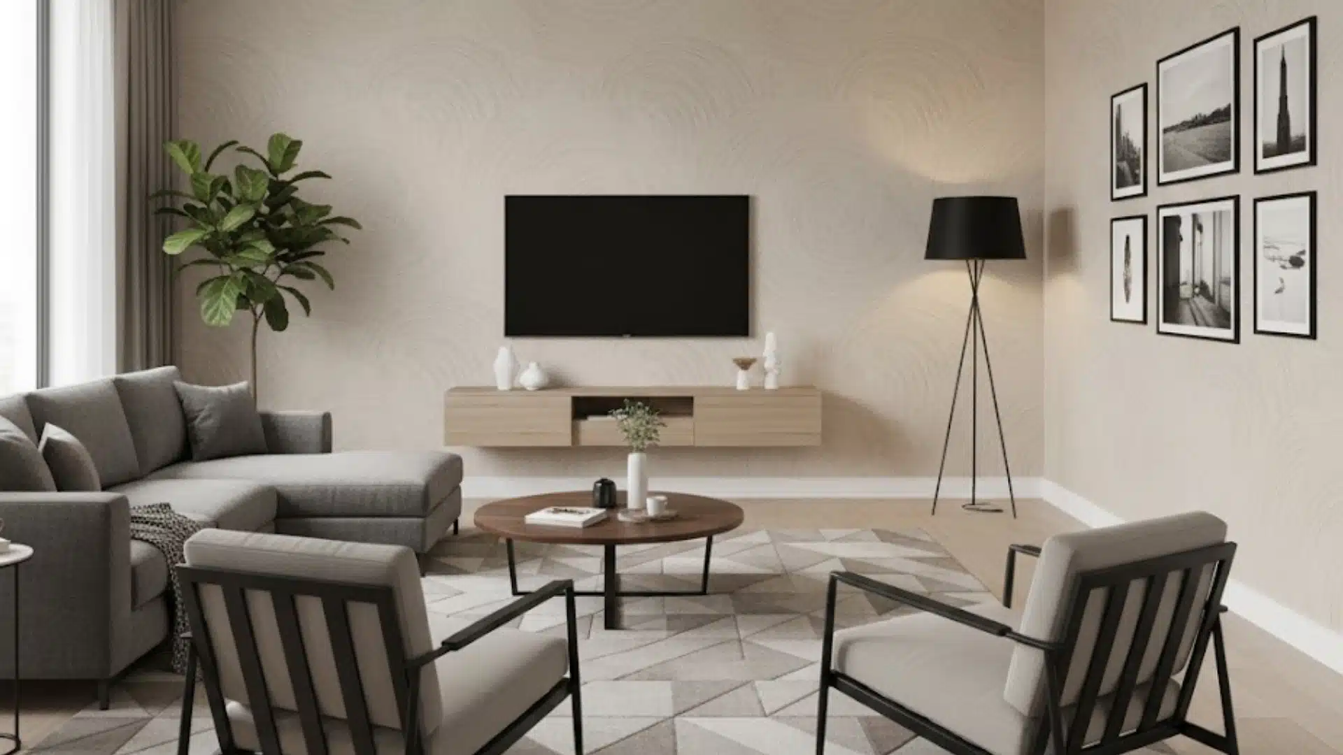 modern living room with gray seating and beige sand swirl textured walls
