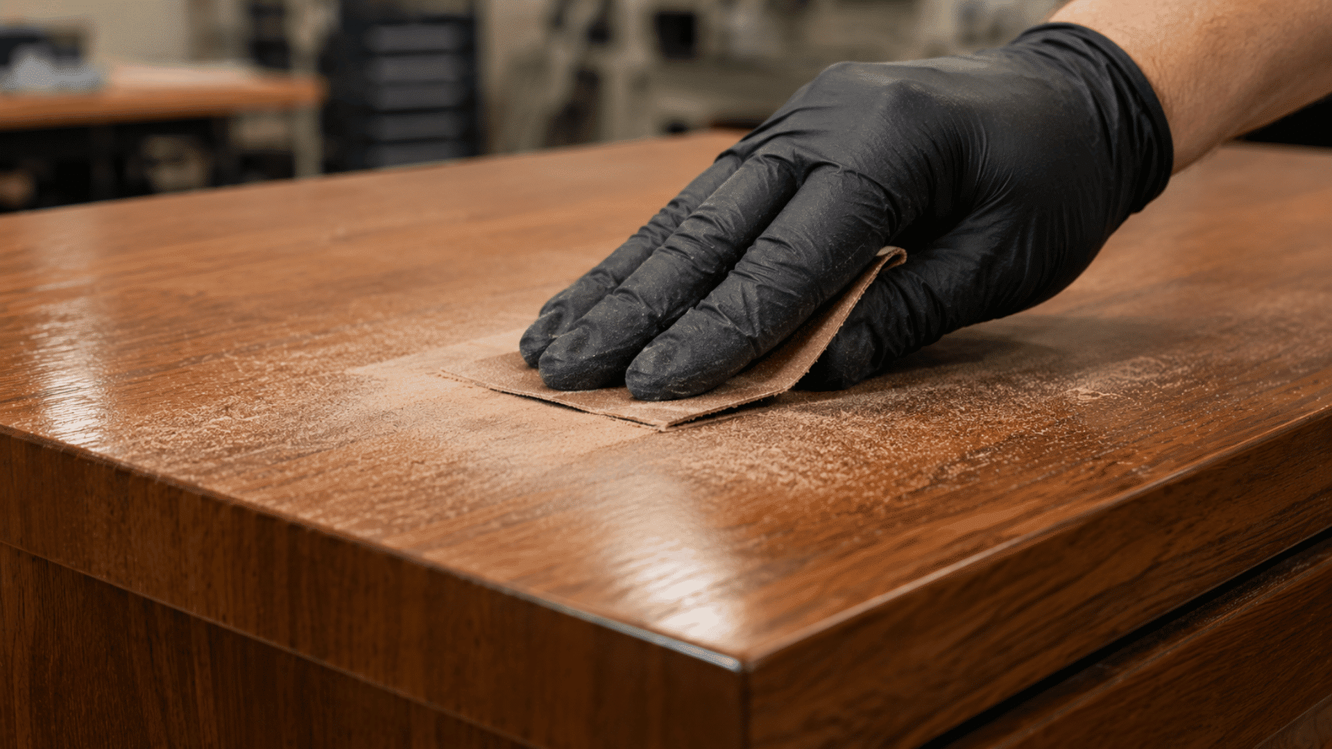 Gloved hand sanding the glossy polyurethane finish on a wood cabinet.