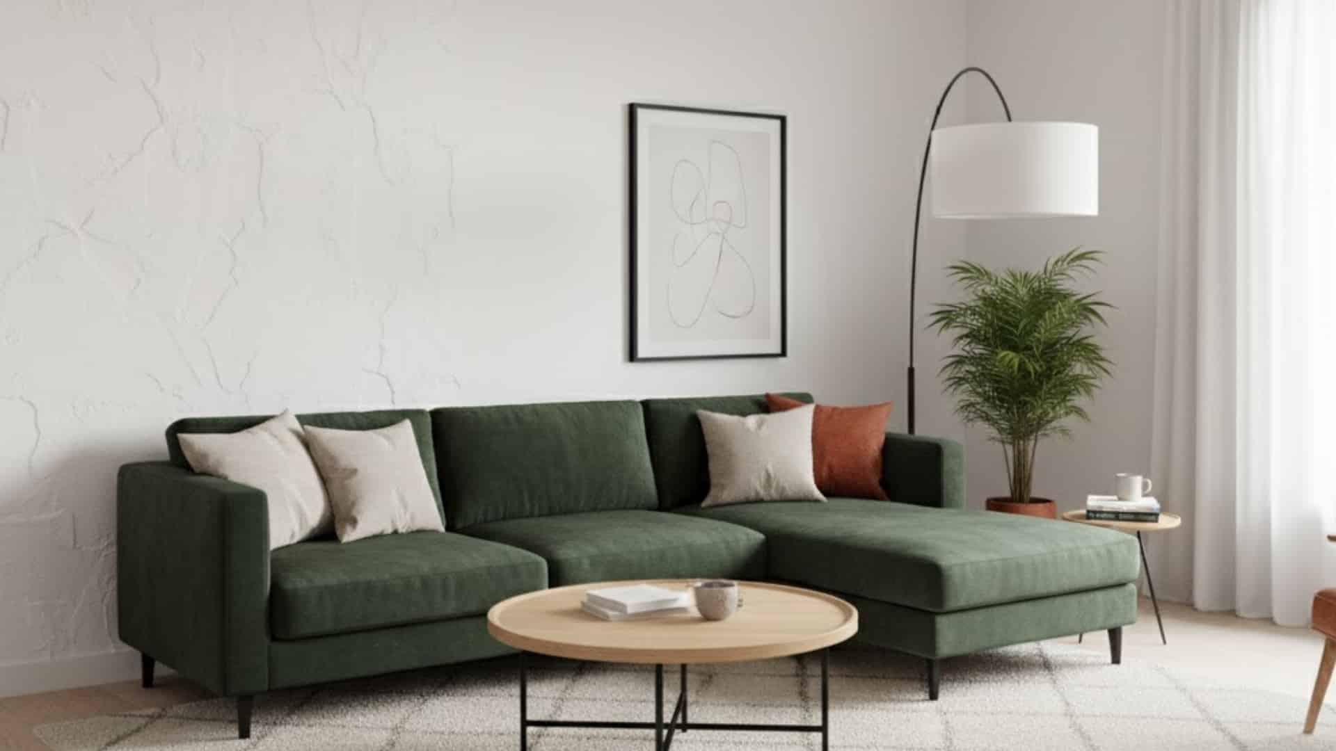 bright living room with green sectional sofa and subtle white santa fe textured wall