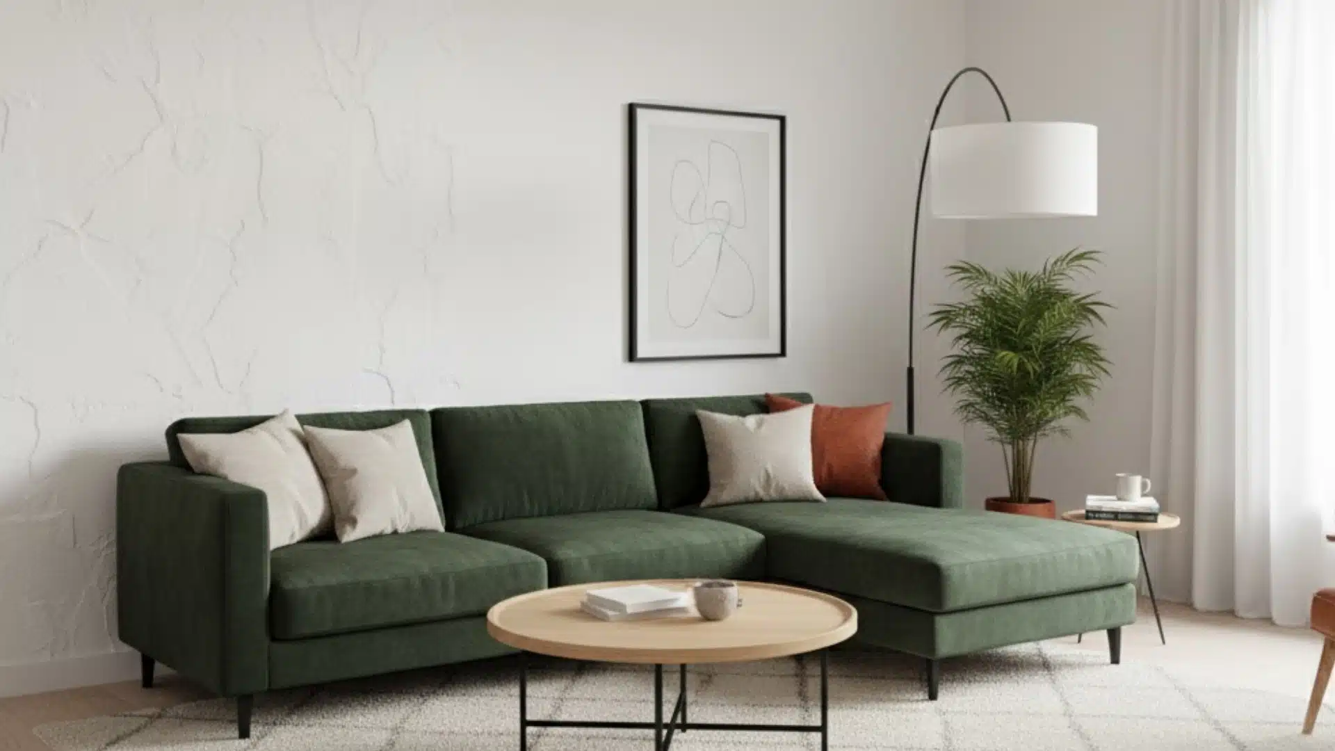 bright living room with green sectional sofa and subtle white santa fe textured wall