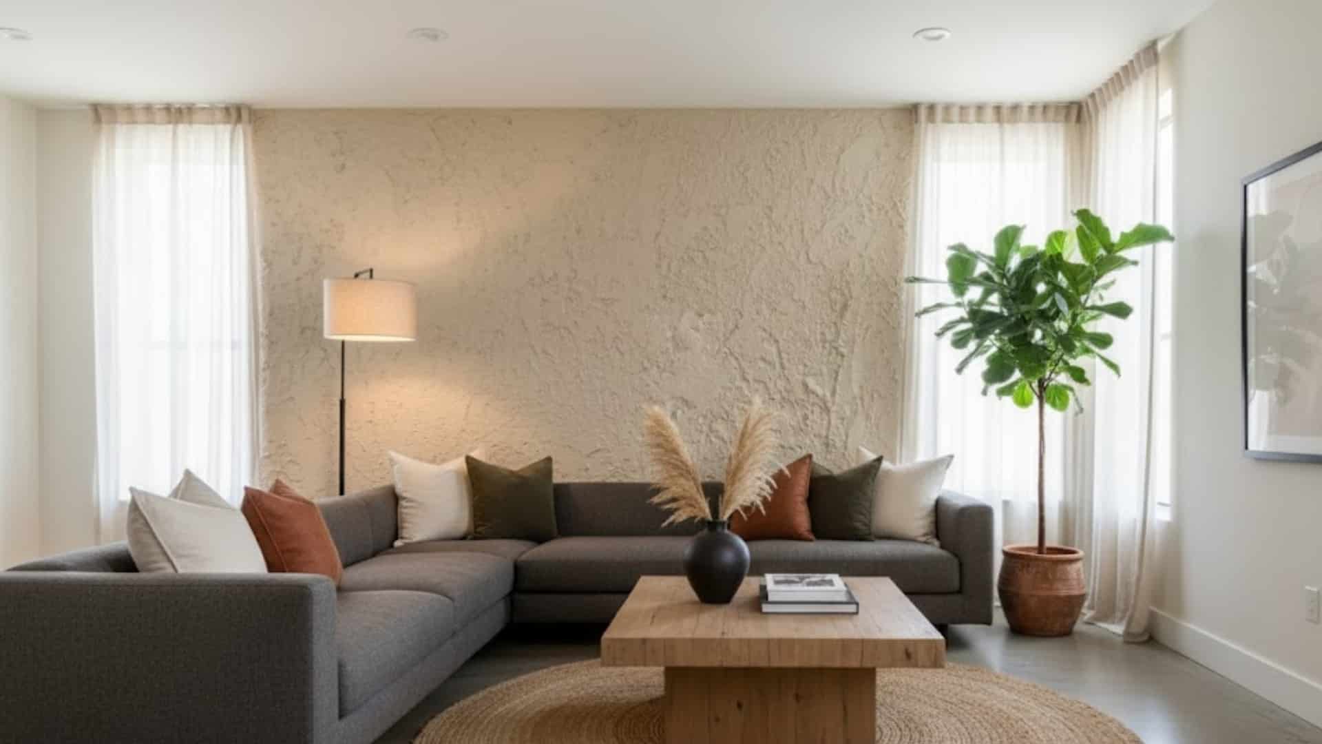 spacious living room with gray sectional sofa and rough skip trowel textured walls