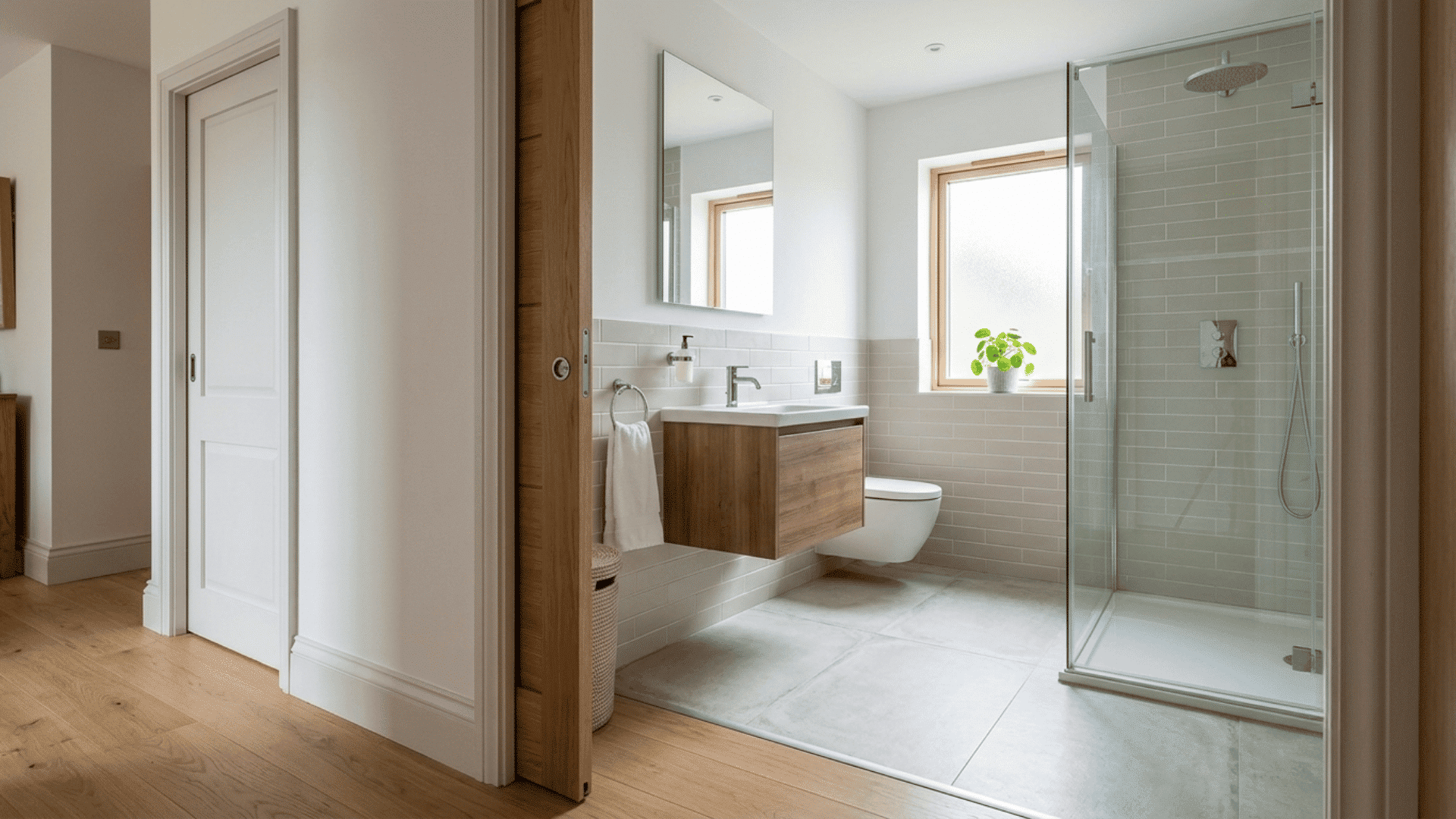 small bathroom with wood sliding door, floating vanity, toilet, and glass shower